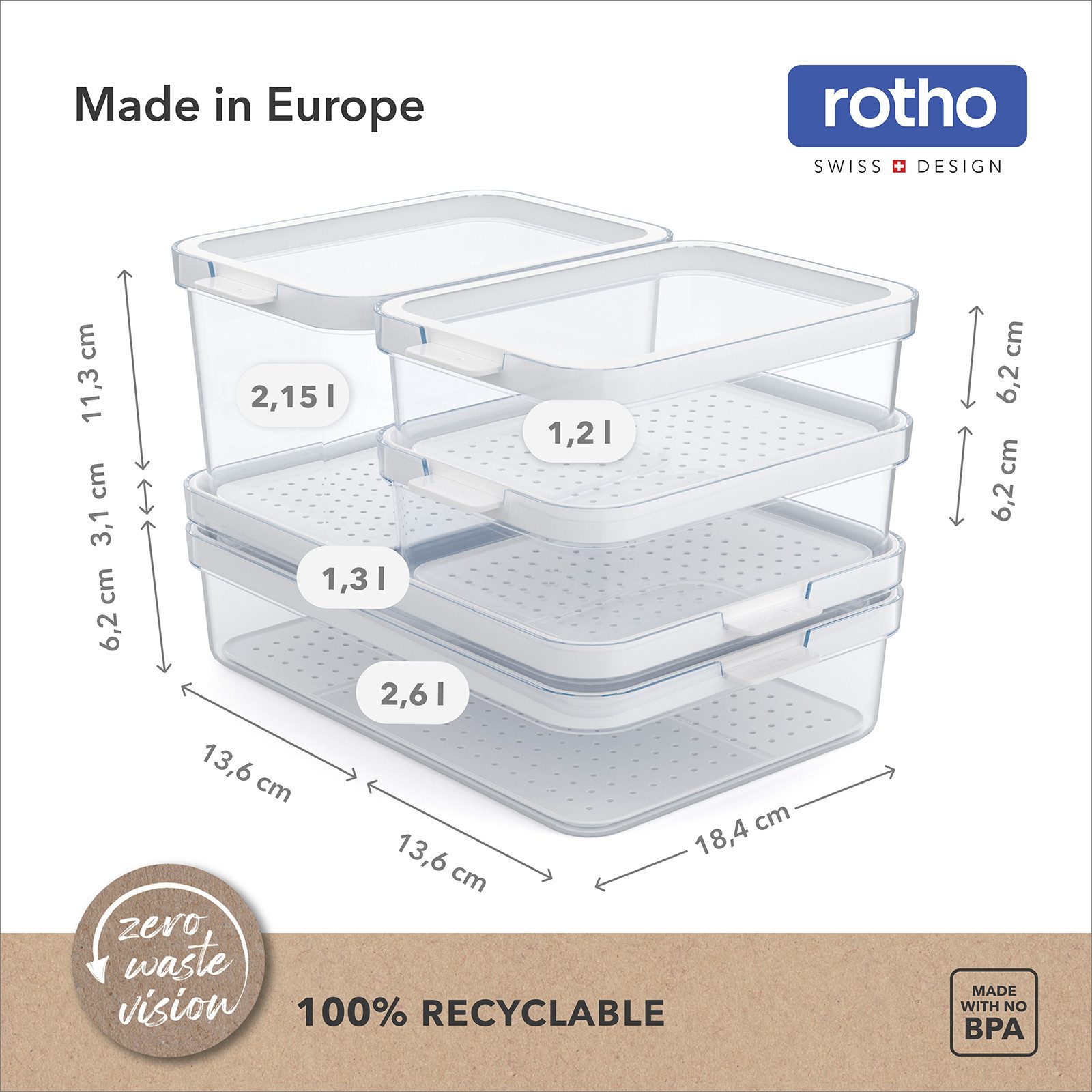 ROTHO Aufbewahrungssystem CAUMA Kühlschrank Organizer Set 5-teilig mit Einsatz und Deckel, Kunststoff, (Vorratsbehälterset, 5-teilig), Organizer Set ideal für frische und strukturierte Aufbewahrung