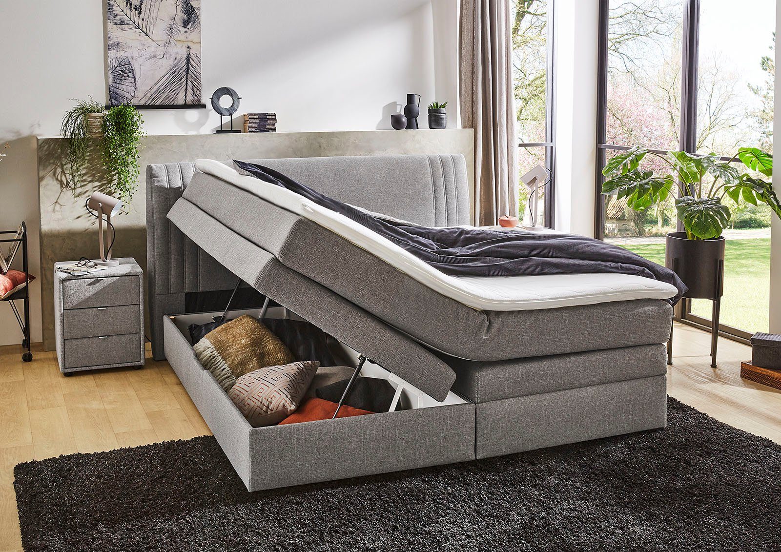 Topper und grau Boxspringbett mit Jockenhöfer Bettkasten 313/09 Amira, Gruppe