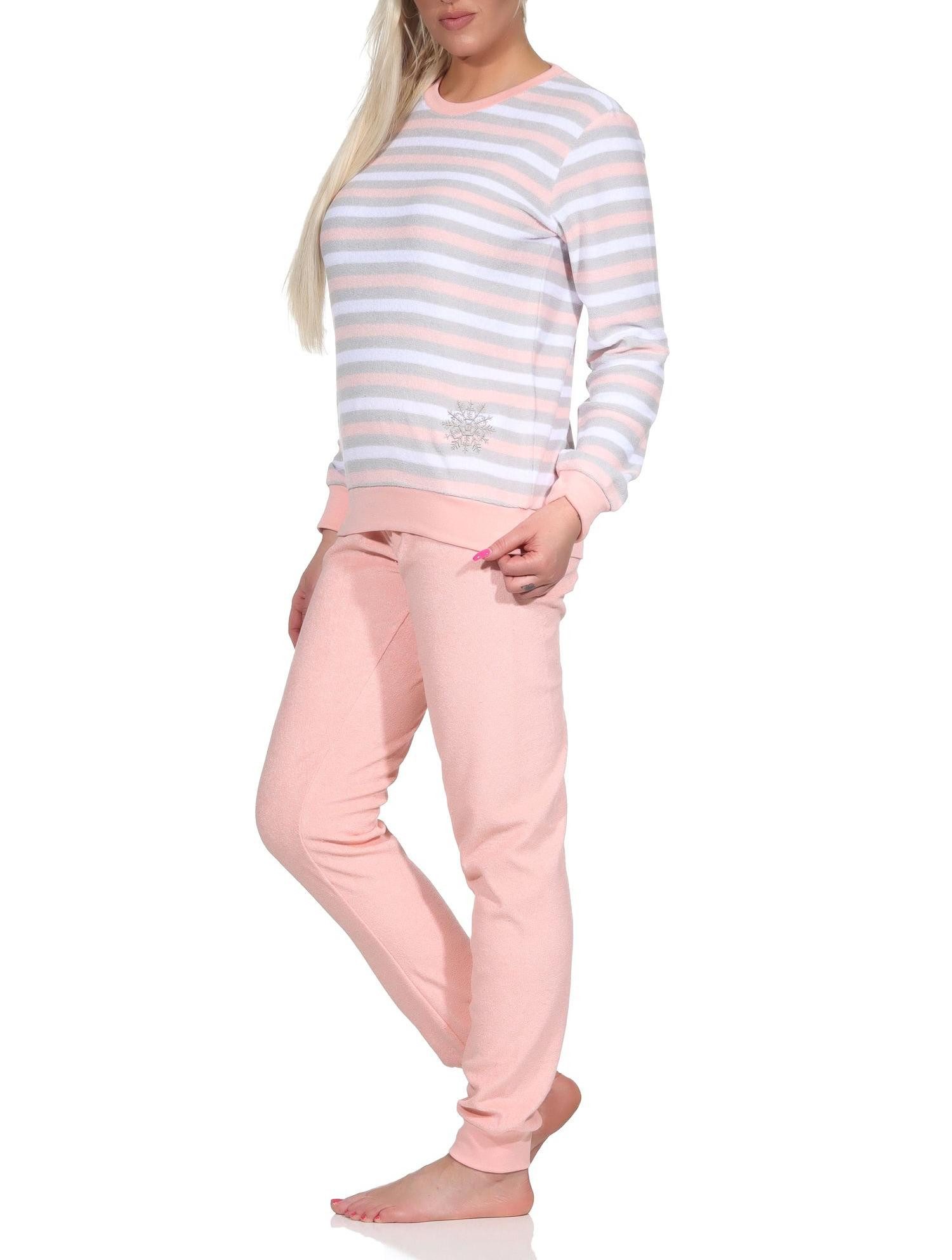 Normann Pyjama Damen Frottee Schlafanzug Pyjama in Ringel-Optik + Eiskristall-Motiv – Bild 3 von 5