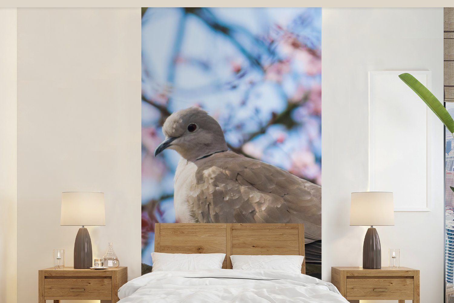 MuchoWow Fototapete - Wohnzimmer - St), (2 - Blumen bedruckt, - Küche, Blütenzweige Matt, Taube Fototapete Rosa, Vogel für Vliestapete Schlafzimmer