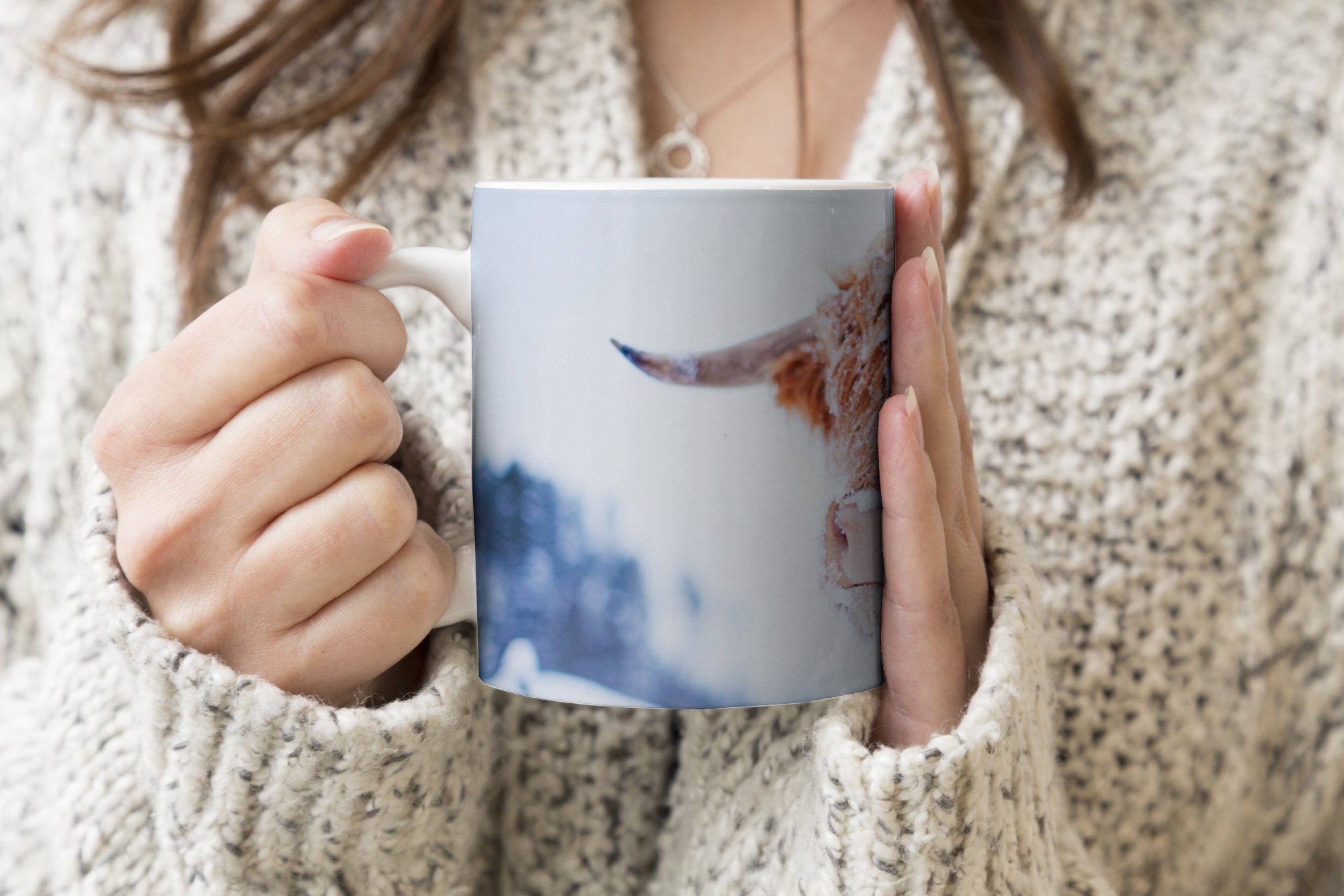 MuchoWow Tasse Schottischer Highlander - Schnee - Braun, 1-tlg., Keramik, Kaffeetassen, Teetasse, Becher, Teetasse, Geschenk