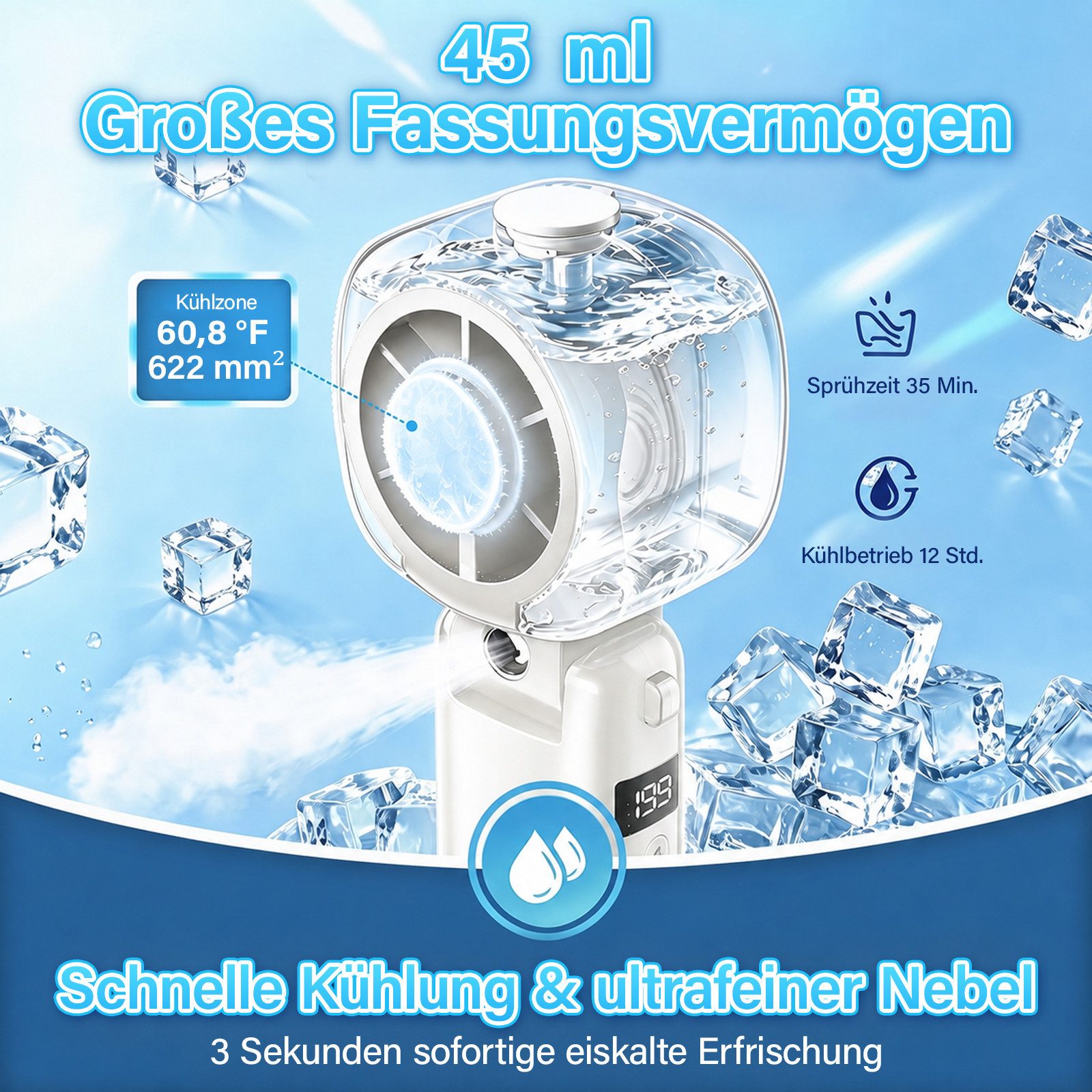 MOPUEA Mini USB-Ventilator Handventilator mit KI-Kühlung&45ml Sprühfunktion12h Taschenlüfter