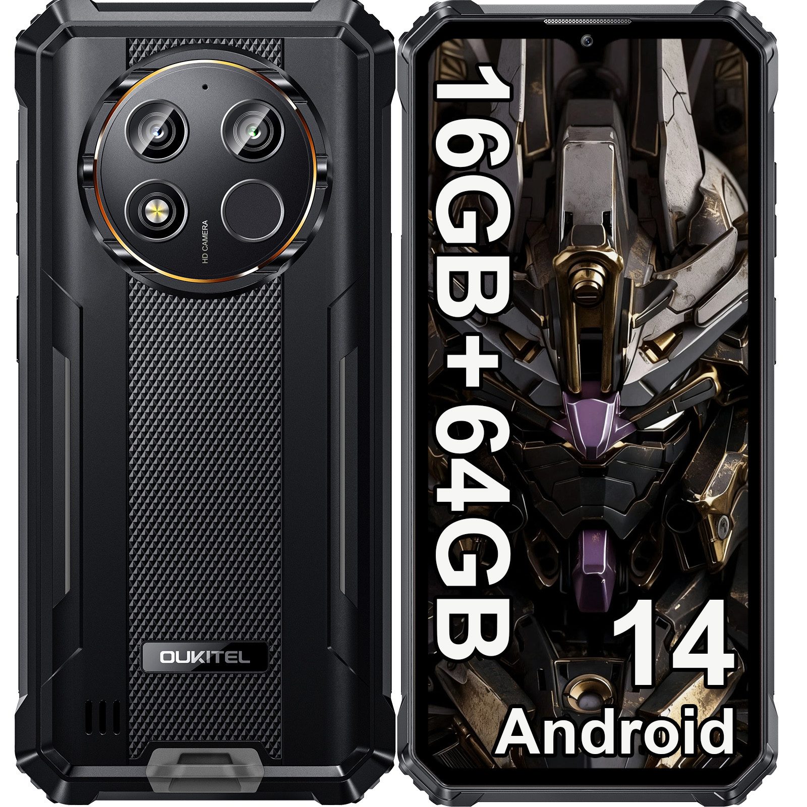 OUKITEL WP28E 16GB RAM + 64GB ROM/TF 1TB, 4G Outdoor Smartphone (16,56 cm/6.52 Zoll, 64 GB Speicherplatz, 13 MP Kamera, 6.52'' HD Display, 10600mAh, IP68/IP69K, Dual SIM 4G, GPS, NFC)
