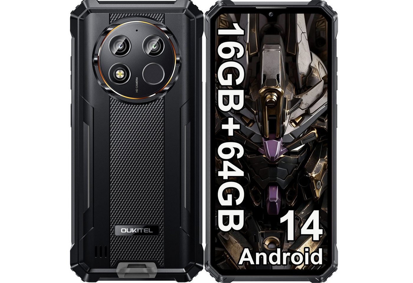 OUKITEL WP28E 16GB RAM + 64GB ROM/TF 1TB, 4G Outdoor Smartphone (16,56 cm/6.52 Zoll, 64 GB Speicherplatz, 13 MP Kamera, 6.52'' HD Display, 10600mAh, IP68/IP69K, Dual SIM 4G, GPS, NFC)