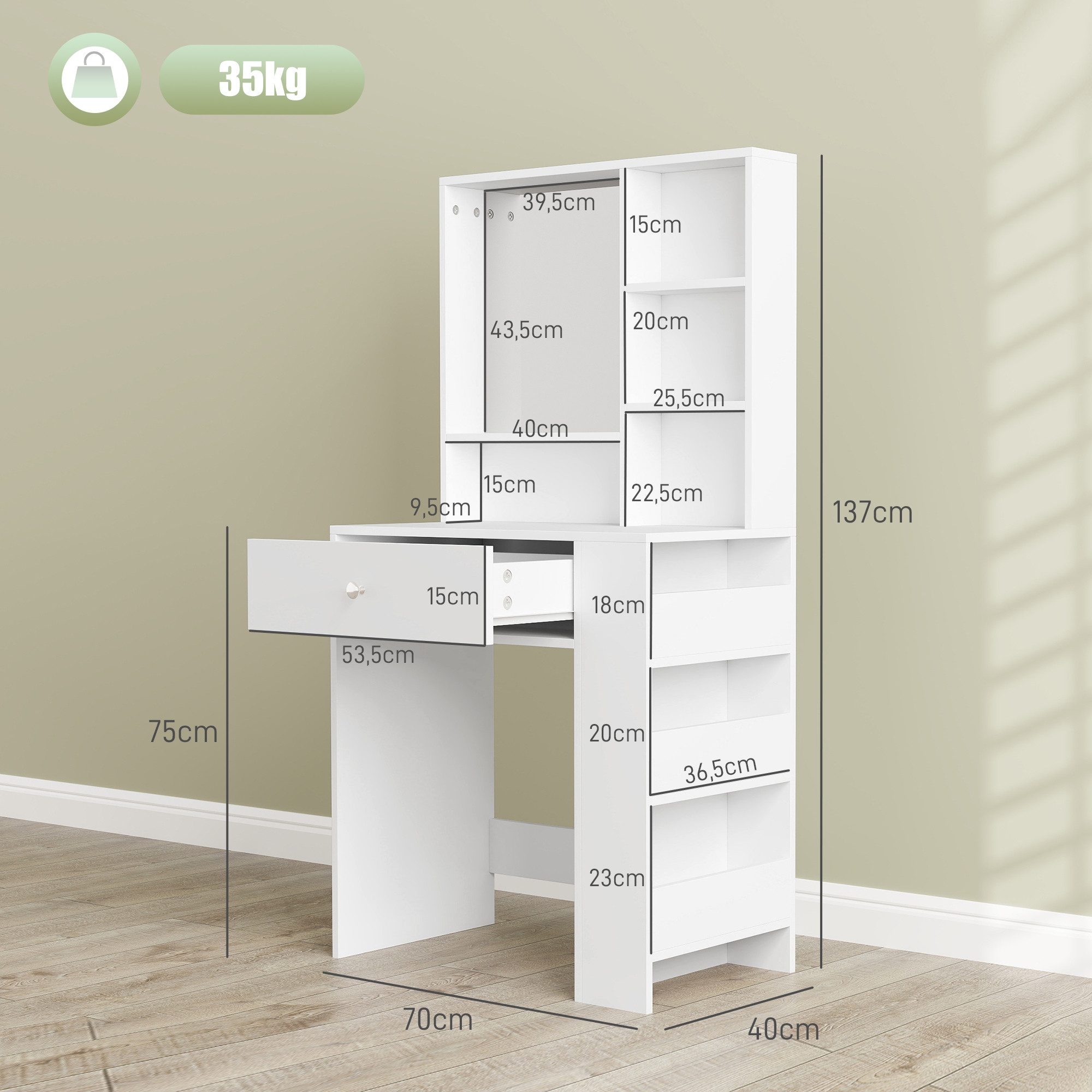 HOMCOM Schminktisch Make-up-Tisch mit Spiegel (Frisiertisch mit Schublade und 7 Fächern, 1-St., moderner Kosmetiktisch für Schlafzimmer), Weiß