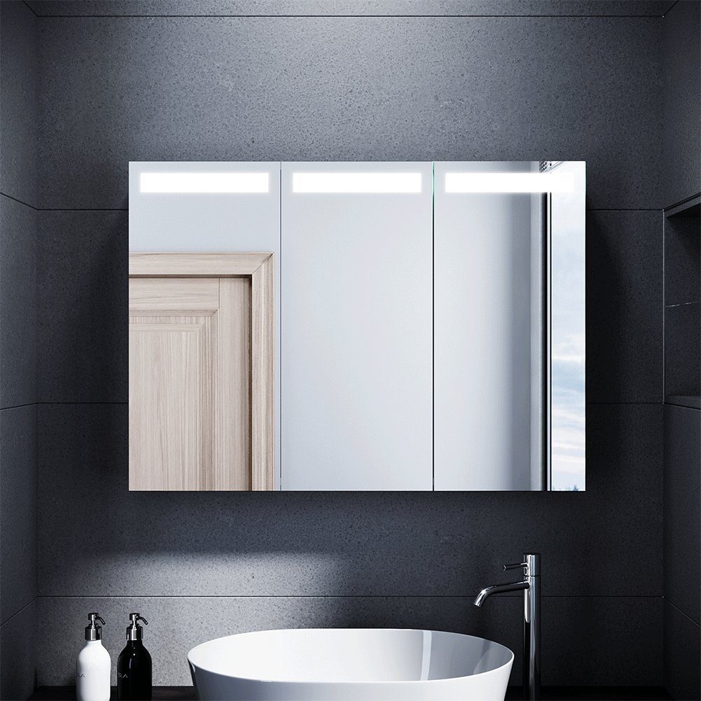SONNI Badezimmerspiegelschrank Edelstahl Spiegelschrank 3-türig Beleuchtung Badezimmerspiegelschrank Bad mit LED 90x65x13cm