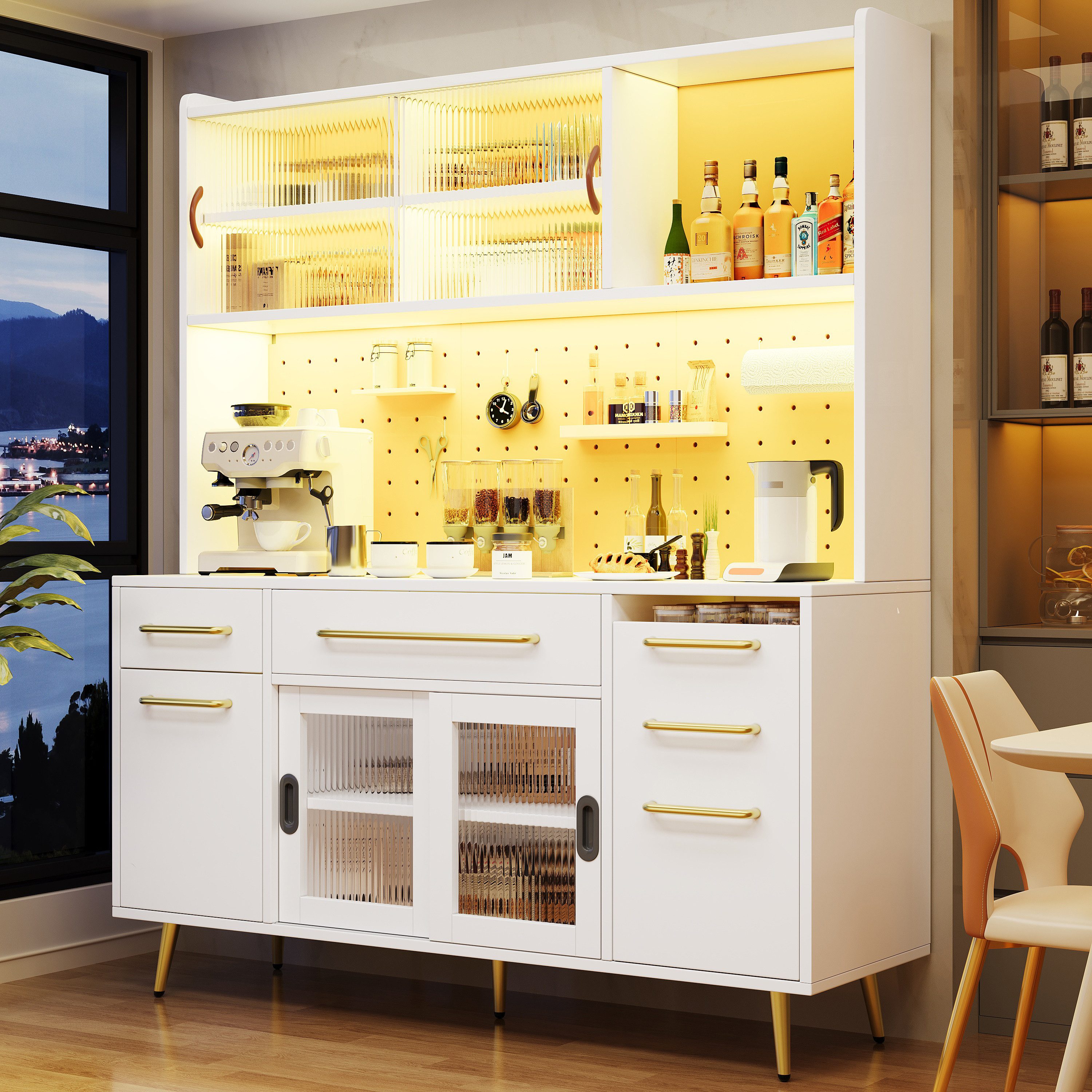 Odikalo Küchenbuffet Küchenschrank Buffetschrank mit LED & großer Stauraum (mit LED-Beleuchtung,Hochschrank für Küche & Wohnzimmer, Aufbewahrungsschrank mit Lochwand, Schublade & Glasböden) 145×39×171cm