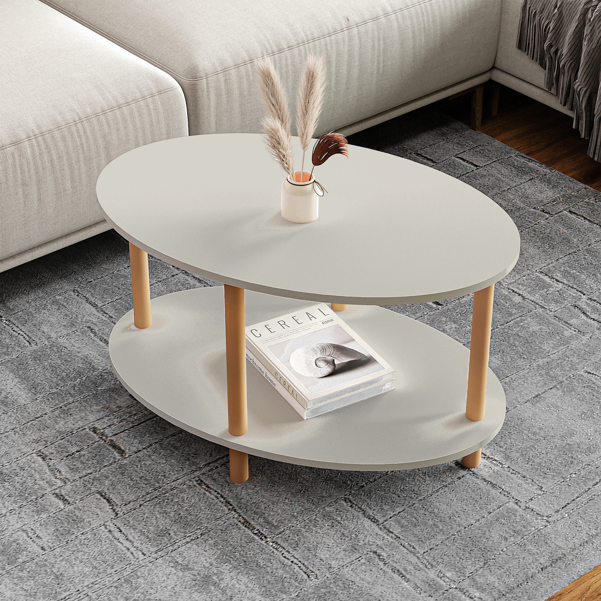 en.casa Couchtisch, »Højreby« oval Beine aus Buchenholz 70x44x43 cm Sandsteinfarben