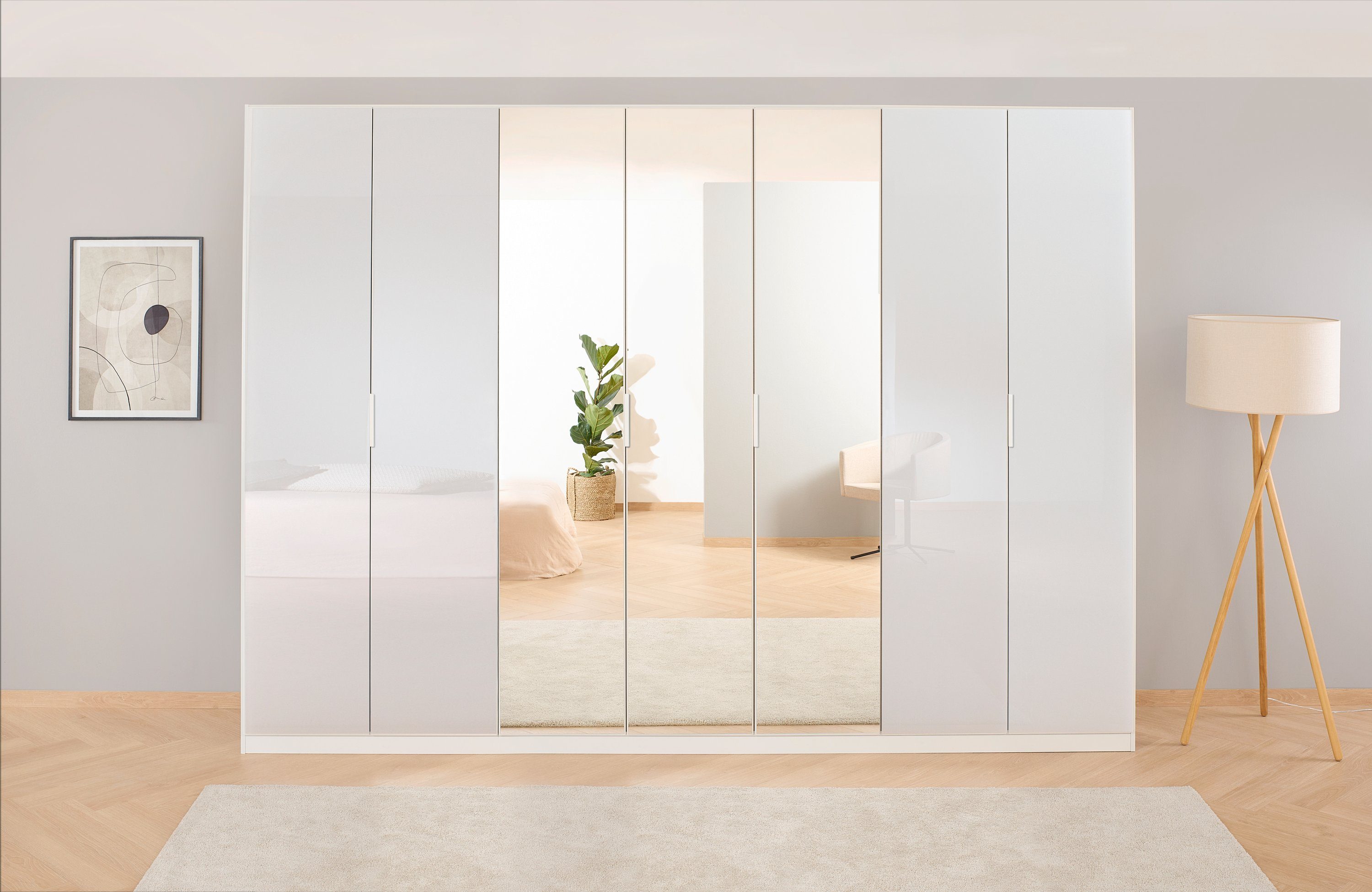 rauch Drehtürenschrank Kleiderschrank Schrank Garderobe KOLUNA mit hochwertiger Glas-Front (Breiten 181/226/271/315 cm Höhen 210/229 cm) mit Spiegel, inkl. 2 Innenschubladen sowie extra Böden MADE IN GERMANY