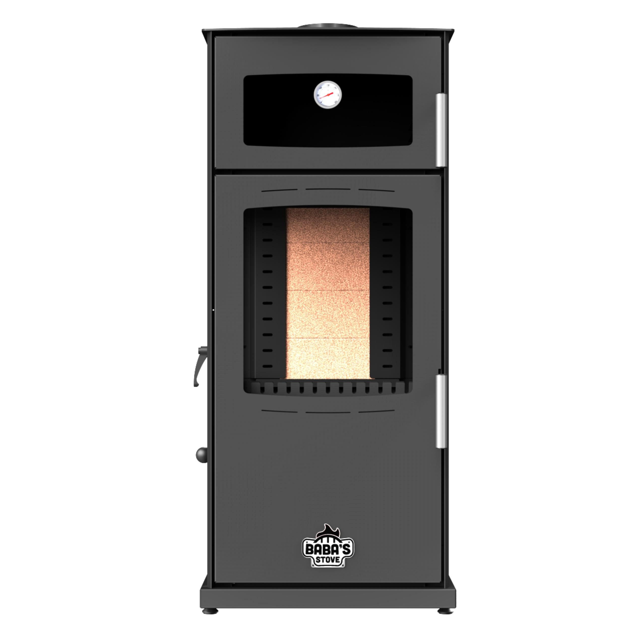 Baba's Kaminofen Gold Plus Hybridofen Pellets und Holz Kombiofen Kaminofen mit Backfach, 12 kW, Dauerbrand, Dauerbrandofen, (3-Scheiben 3 Seitig Verglast Panoramascheibe), Panorama Holzofen Holz Ofen Kamin