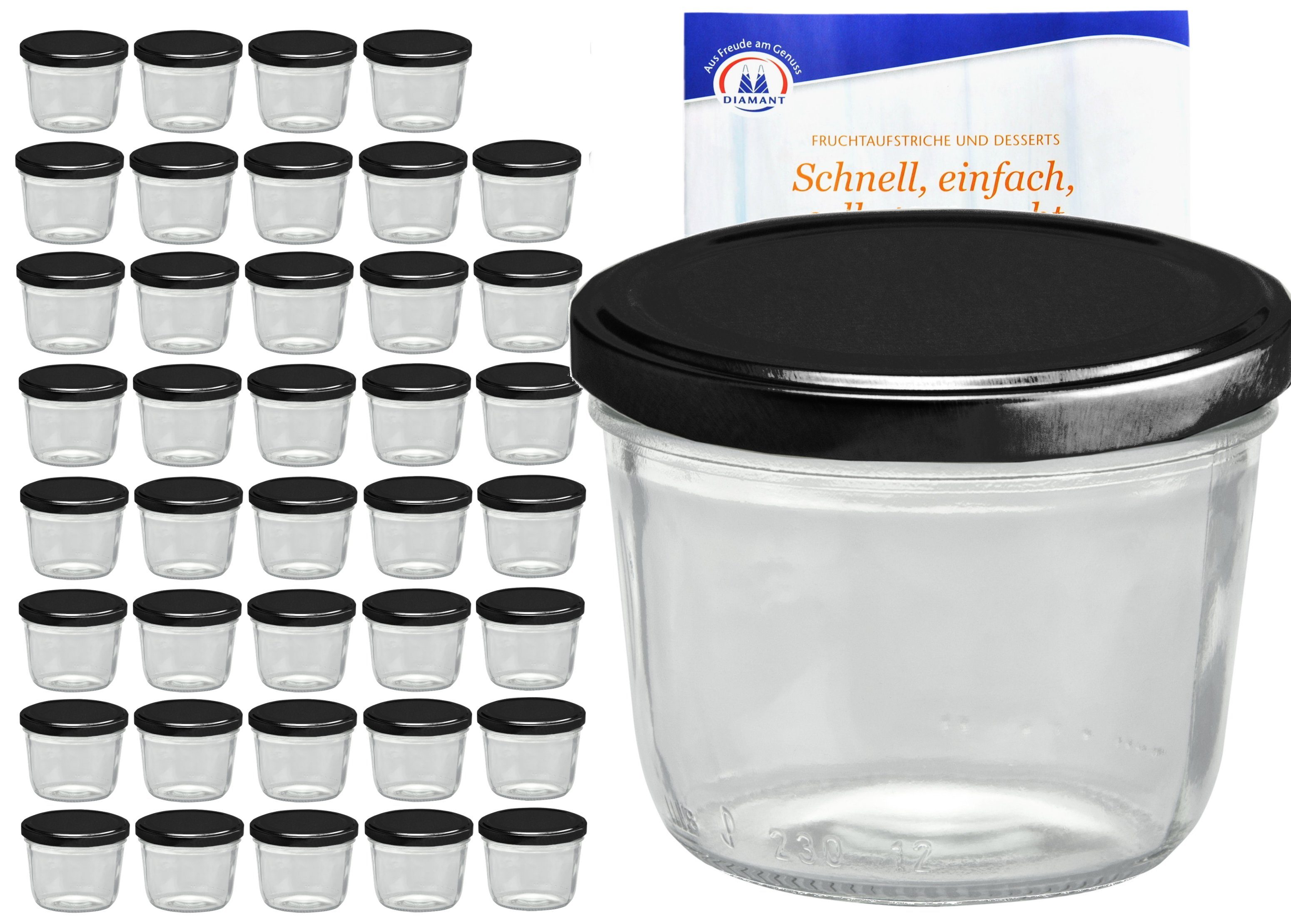 MamboCat Einmachglas 40er Set Sturzglas 230 ml mit schwarzem Deckel inkl. Rezeptheft, Glas