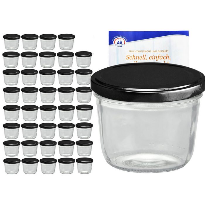MamboCat Einmachglas 40er Set Sturzglas 230 ml mit schwarzem Deckel inkl. Diamant Gelierzauber Rezeptheft