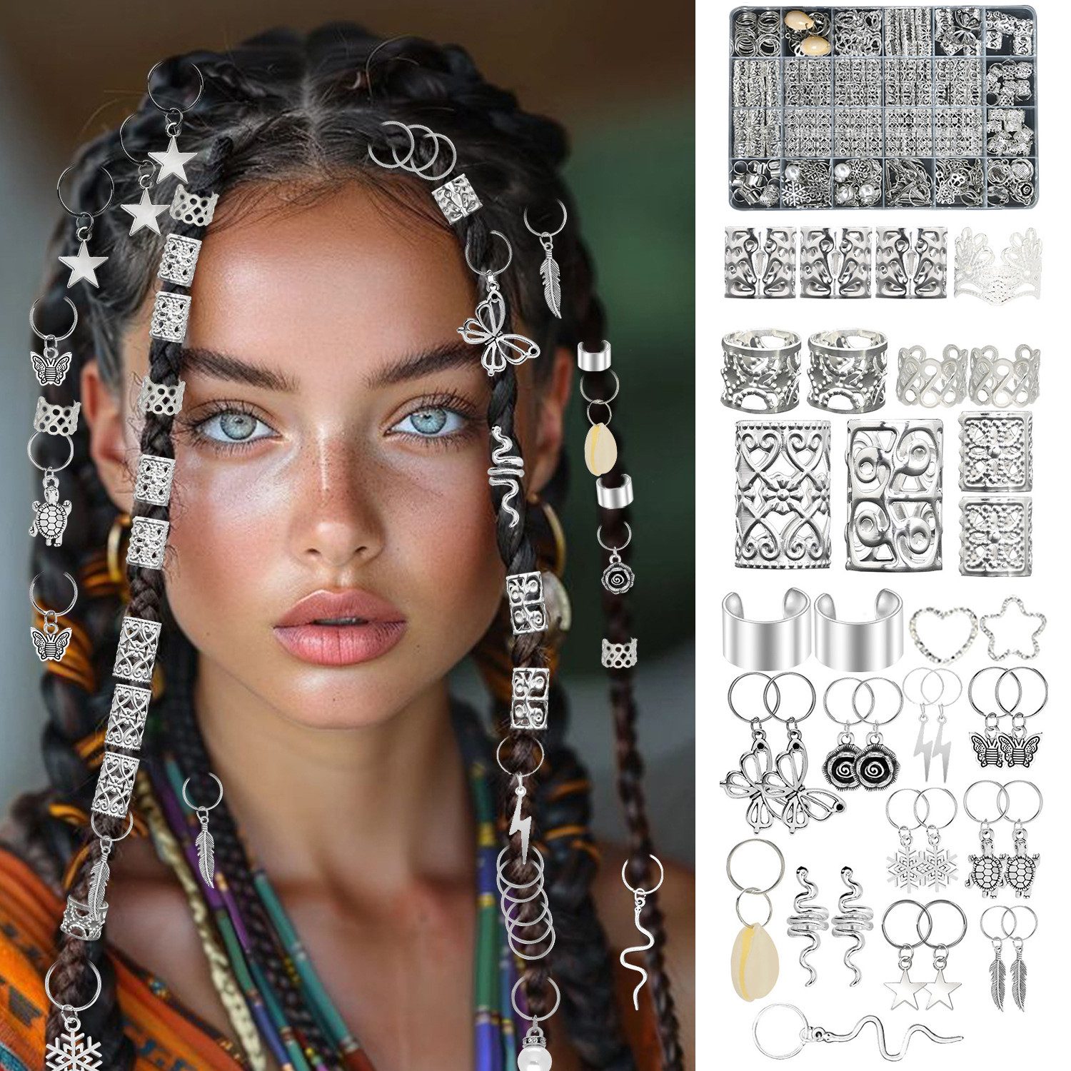 Refttenw Haarklammer 257Stk Dreadlocks Schmuck Haarperle Haarspiralen Clips im Punk-Stil