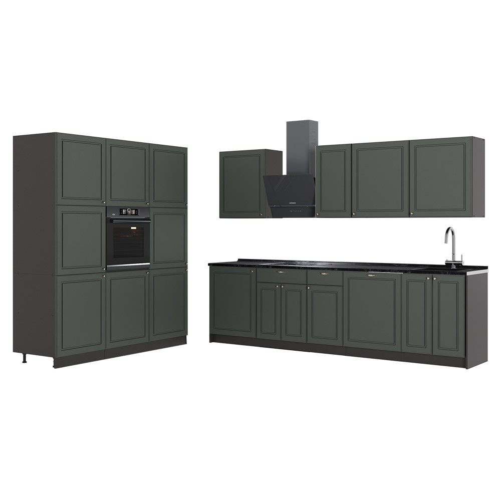 Vicco Küchenzeile Fame-Line, Grün-Gold Landhaus/Anthrazit, 460 cm, AP Anthrazit