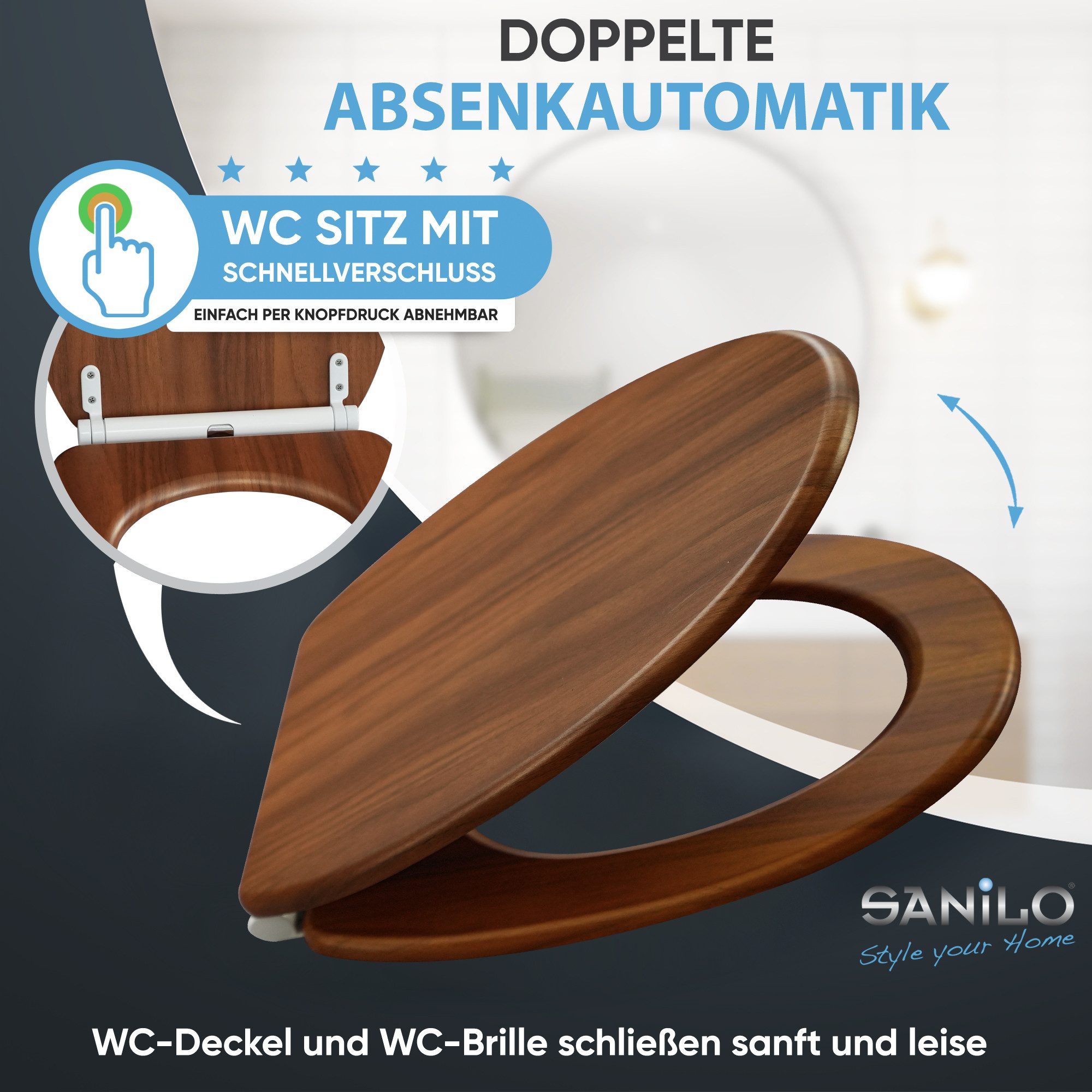 Sanilo WC-Sitz Mahagoni mit Absenkautomatik & Quick Release, Premium Toilettendeckel, abnehmbar, leichte Montage von oben