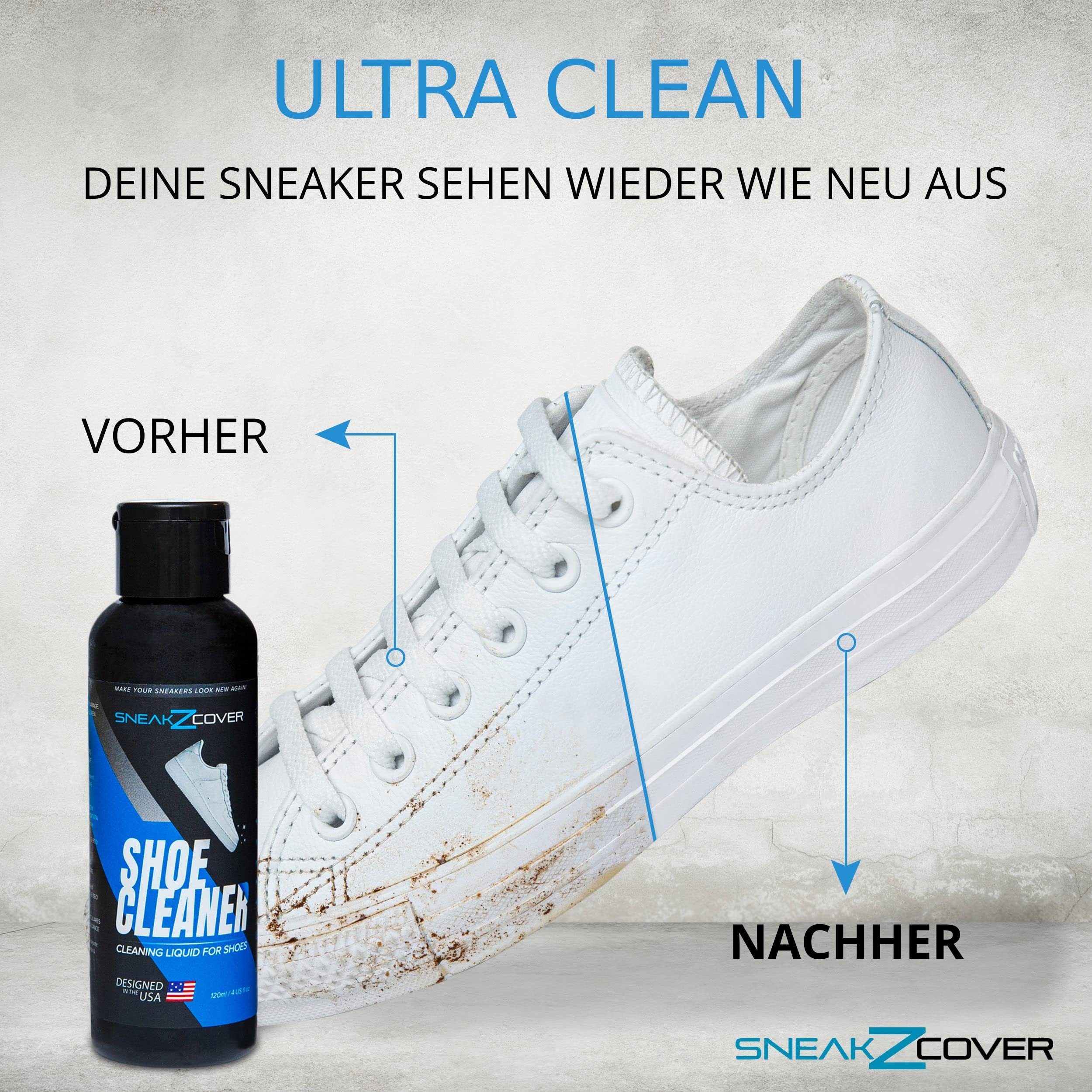 SneakZcover Sneaker Cleaner Set Basic Schuhputzset Schuhreiniger (Schuhpflegeset inkl. Schuh Reiniger, Mikrofasertuch, Schuhbürste)