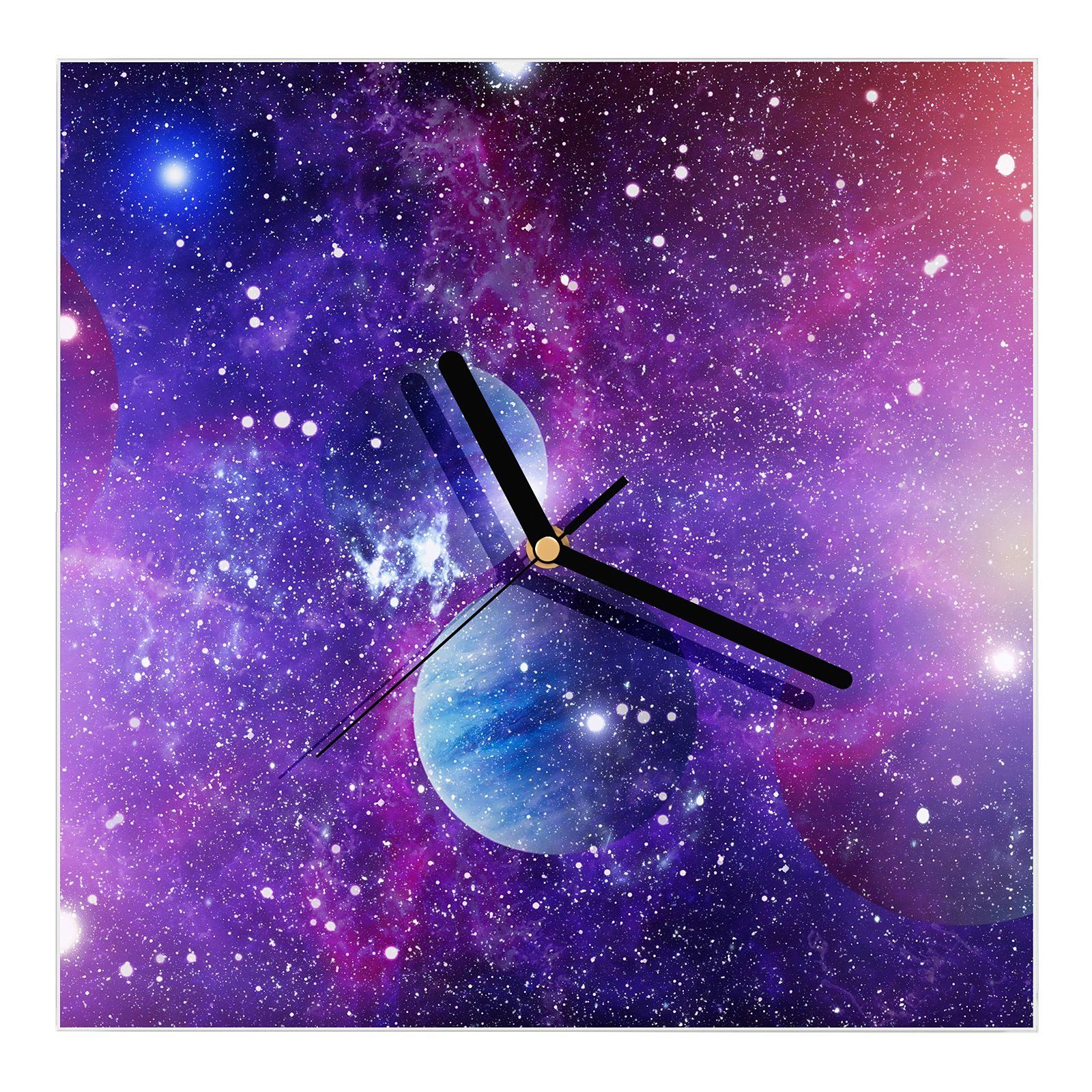 Primedeco Wanduhr Glasuhr Wanduhr Wandkunst Größe 30 x 30 cm mit Motiv Nebel und Galaxien