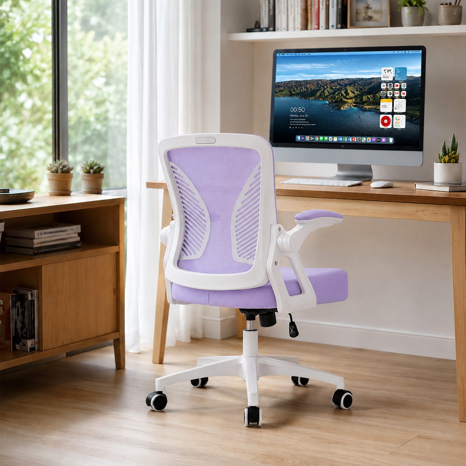 Milacyee Bürostuhl Ergonomischer Bürostuhl mit 90° klappbaren, gepolsterten Armlehnen (Höhenverstellbarer Atmungsaktiv Chefsessel mit geräuscharmen Rollen,Drehstuhl mit dynamische Rückenstütze), Platzsparend, Atmungsaktives Mesh, 150 kg Belastbarkeit