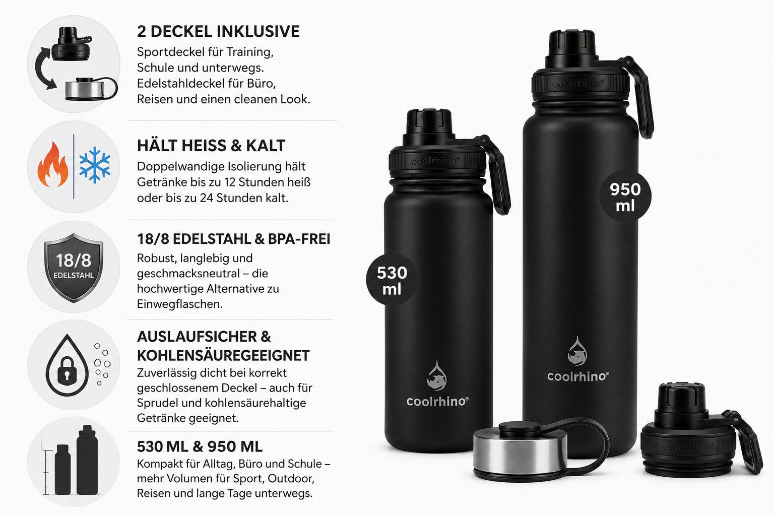 coolrhino Isolierflasche rhinoTherm Edelstahl Trinkflasche 530 ml / 950 ml, Kohlensäure geeignet, BPA-frei Thermosflasche doppelwandig
