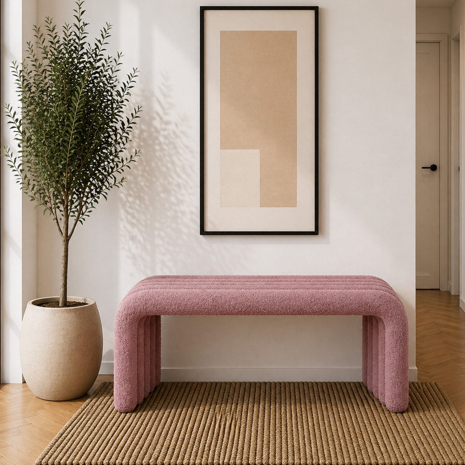 mukuhi Sitzbank SITZBANK BOUCLÉ DESIGN 100 cm – MODERN, WEICH, STATEMENT, Kaschmir-Optik, Elegante U Form mit gerundeten Kanten minimalistischer Stil trend Sitzbank