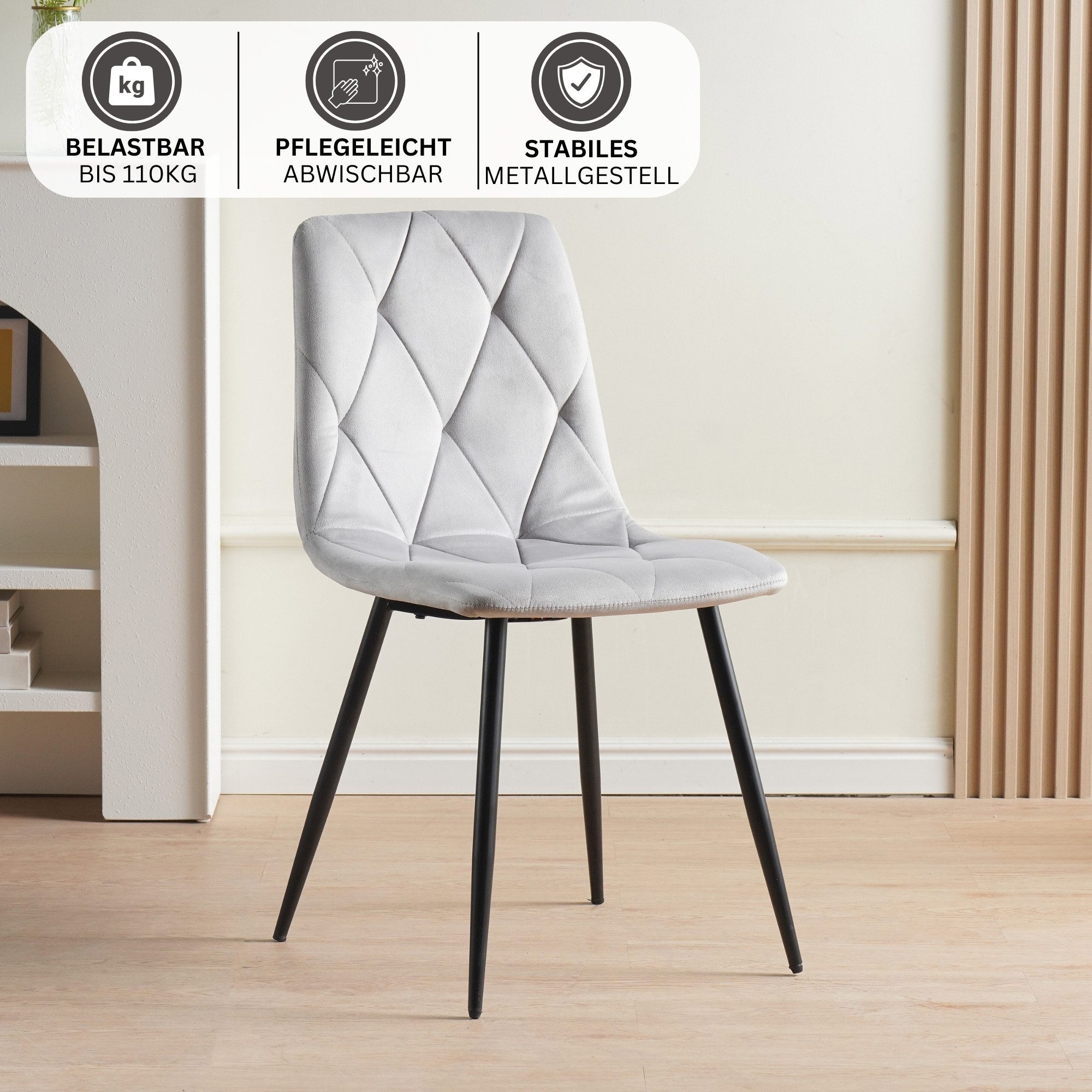 Albatros International Esszimmerstuhl Esszimmer Stühle 4 er Set DORA, Stuhl Stühle Esszimmerstühle, Küche (4er Set, Grau, Samt Bezug), Küchenstuhl Küchenstühle Essstühle für den Esstisch Ess Stühle