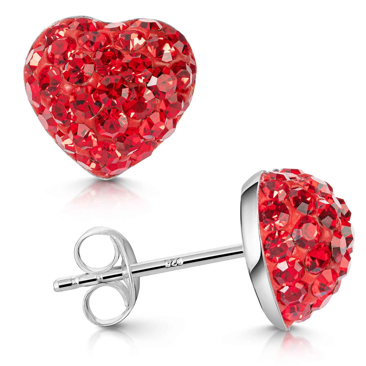Materia Paar Ohrstecker Herz mit Kristall Steinen Rot Damen Mädchen Silber SO-149, Fassung aus 925 Sterling Silber