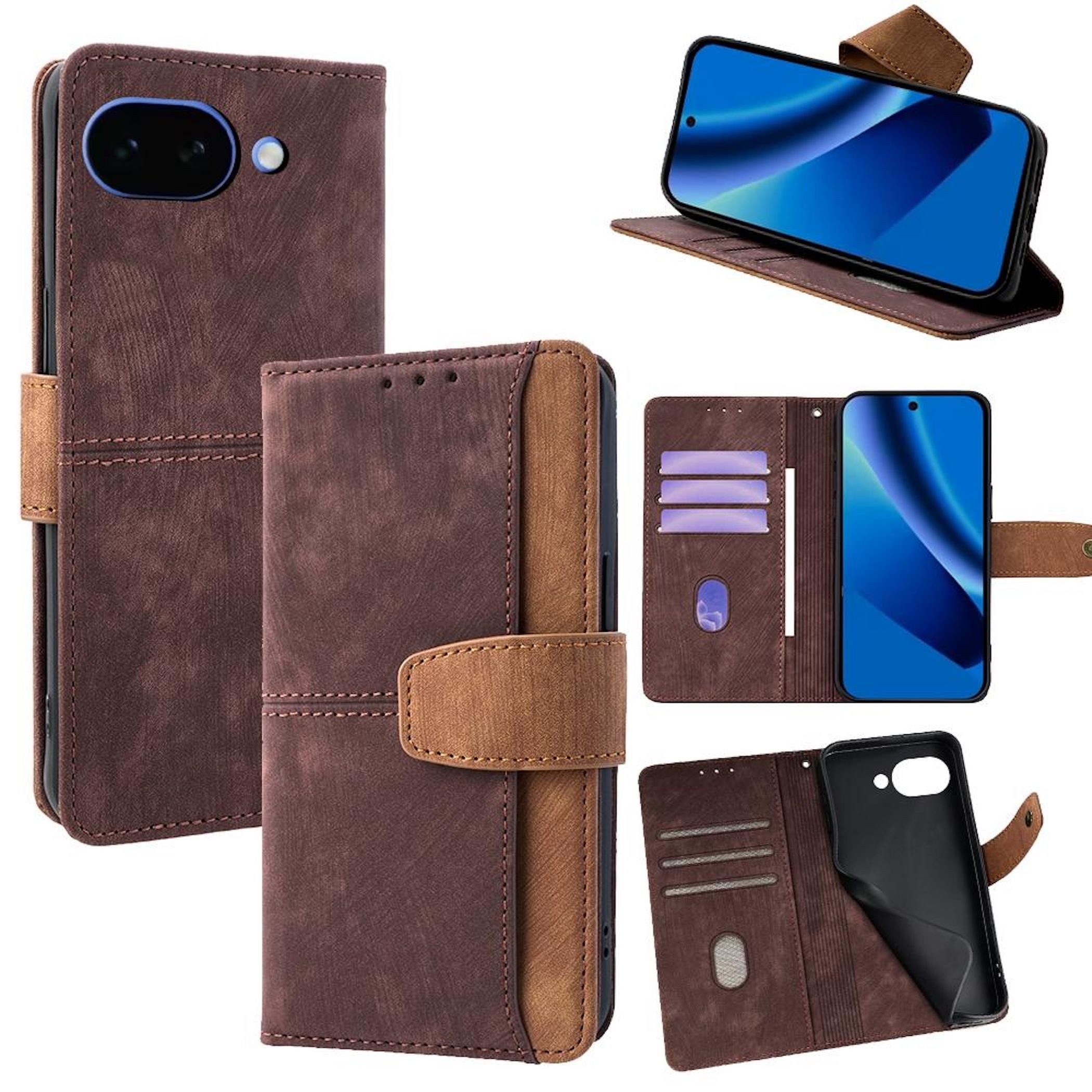 Wigento Handyhülle Klapphülle für Google Pixel 10a RFID Schutz Kartenfach Case Braun 6,3 Zoll, RFID Schutz, Kartenfach, Standfunktion