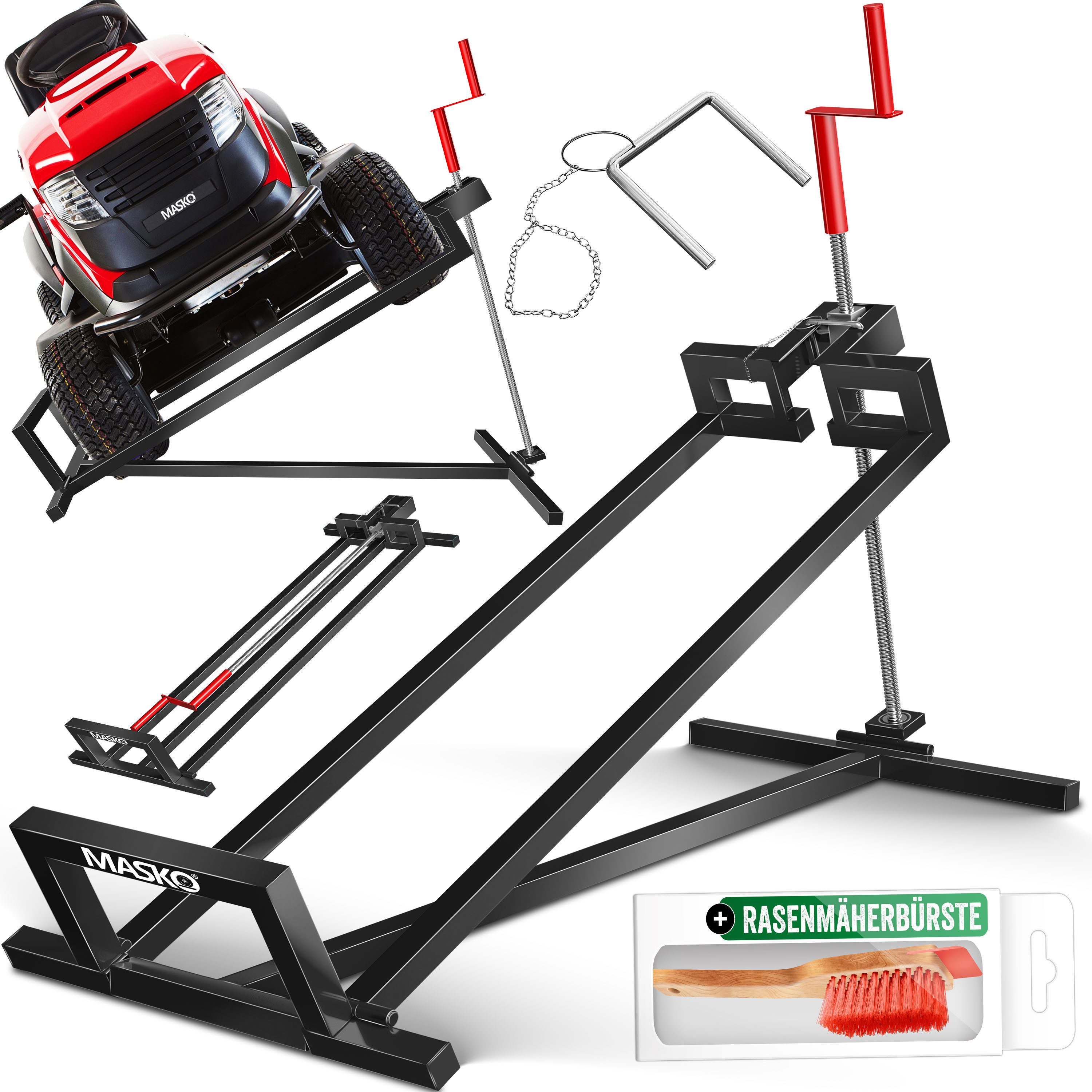 MASKO Rasentraktor Heber 450kg Hebevorrichtung für Aufsitzmäher inkl. Bürste, Rasentraktorheber, universelle Reinigungshilfe, Hebebühne für Quad