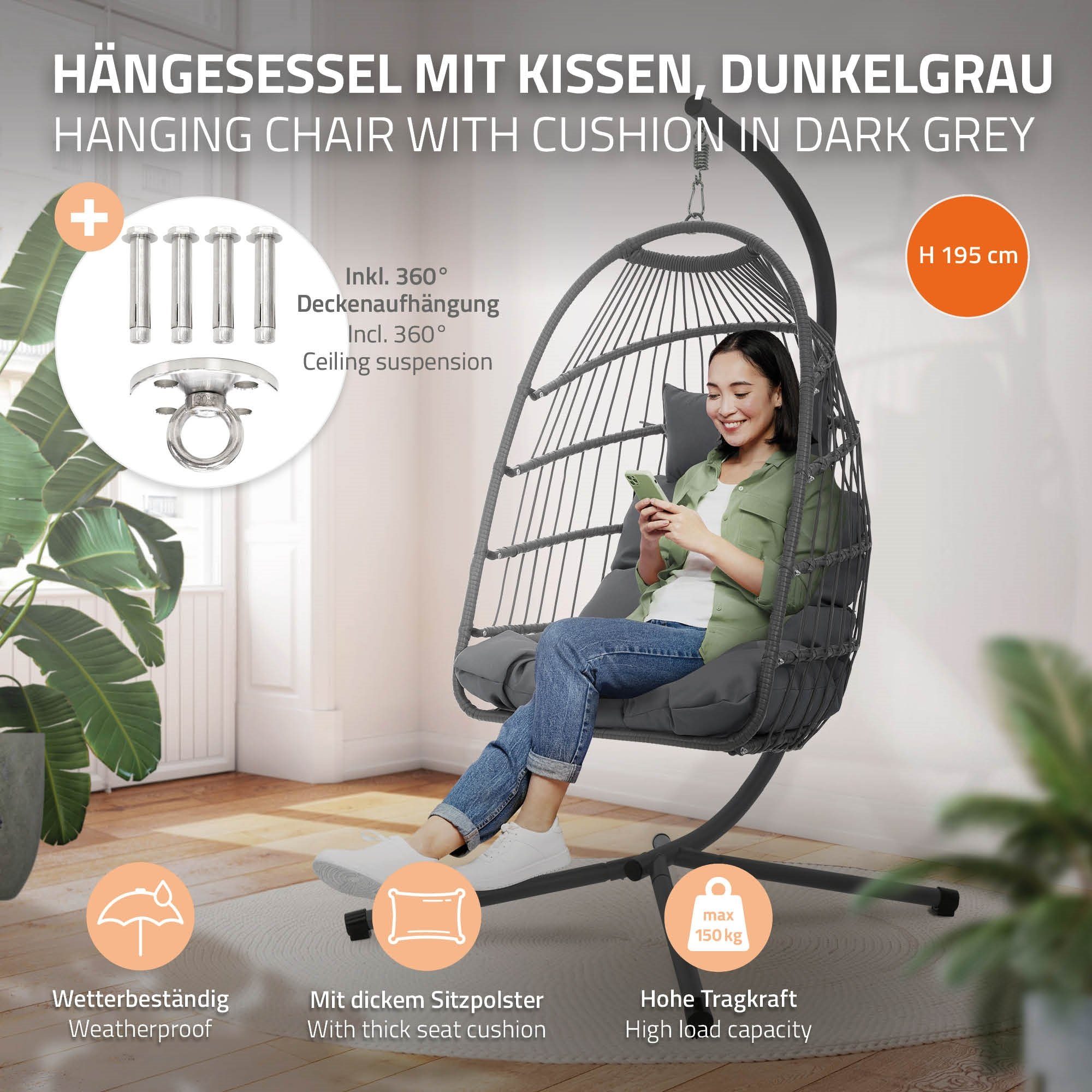 Hängeschaukel Hängesessel Gestell ML-DESIGN Rattan-Optik mit Kissen Abdeckung faltbar Hängekorb Dunkelgrau Hängesitz, Deckenhalterung Hängestuhl Stahl