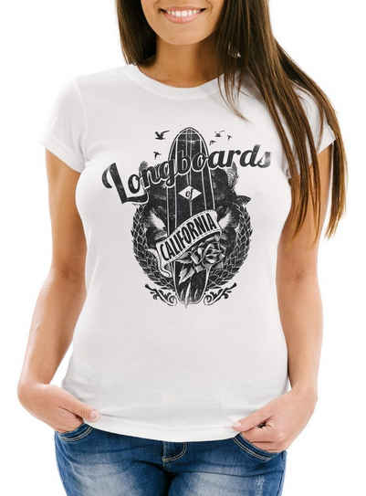 Neverless Print-Shirt Damen T-Shirt California Longboards Surfing Surfboard Slim Fit Neverless® mit Print