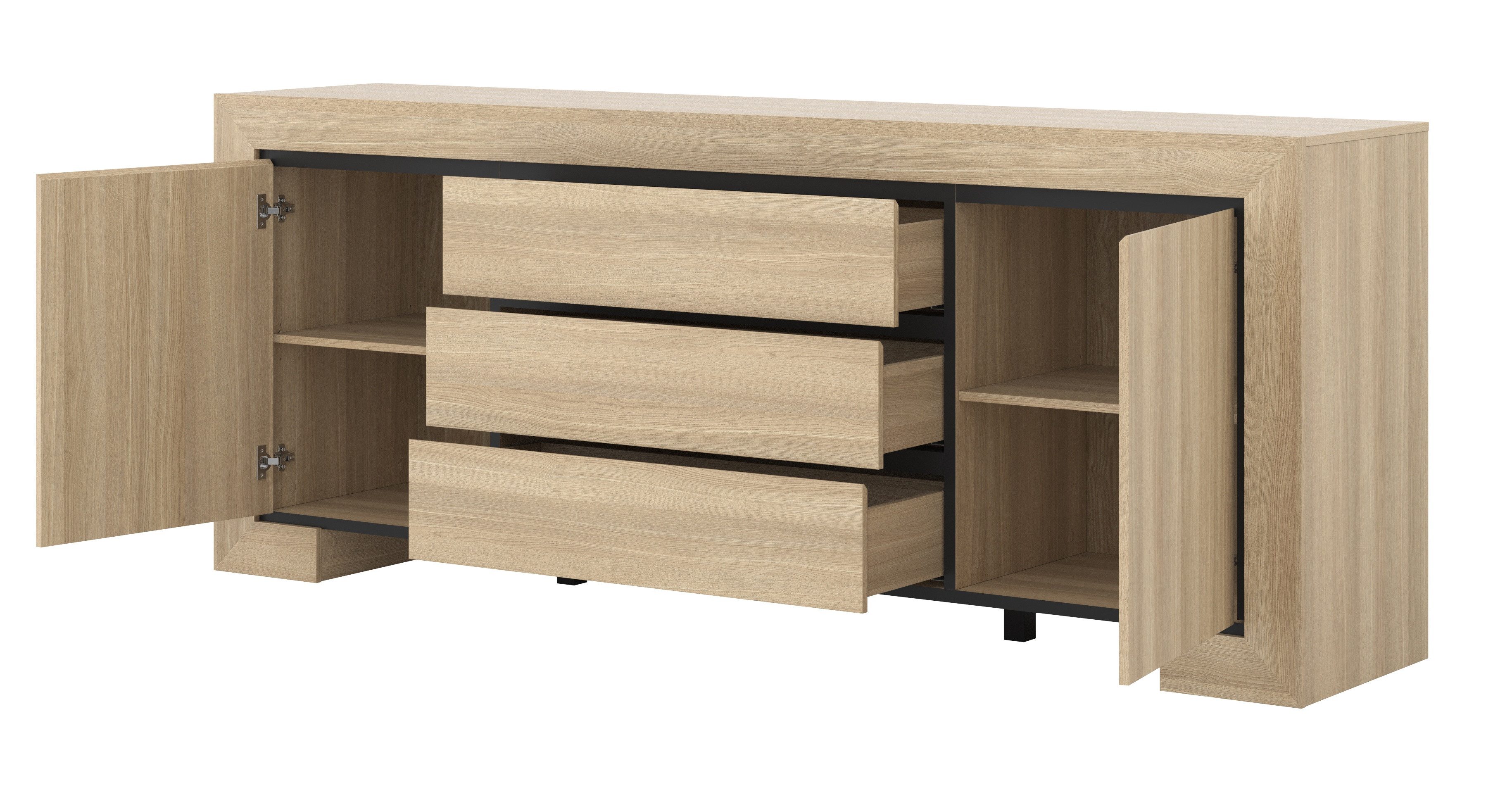 Masseno Kommode LUNO 225 cm Sideboard mit 3 Schubladen und 2 Türen Eichefarben