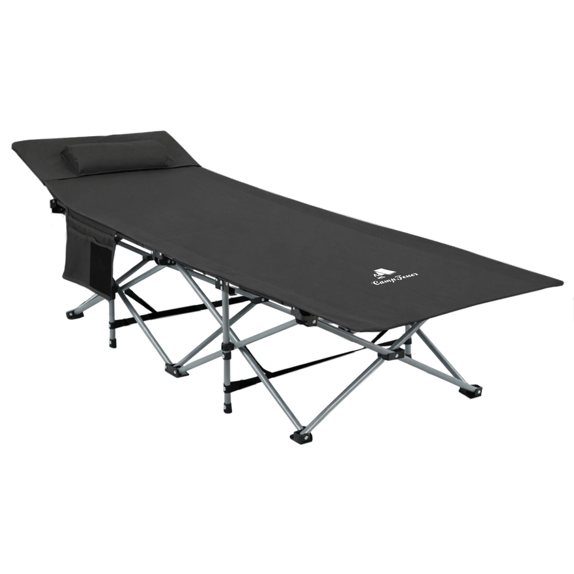 CampFeuer Campingliege Campingbett mit Kopfkissen, Schwarz, bis 150 kg, 187 x 67 x 48 cm