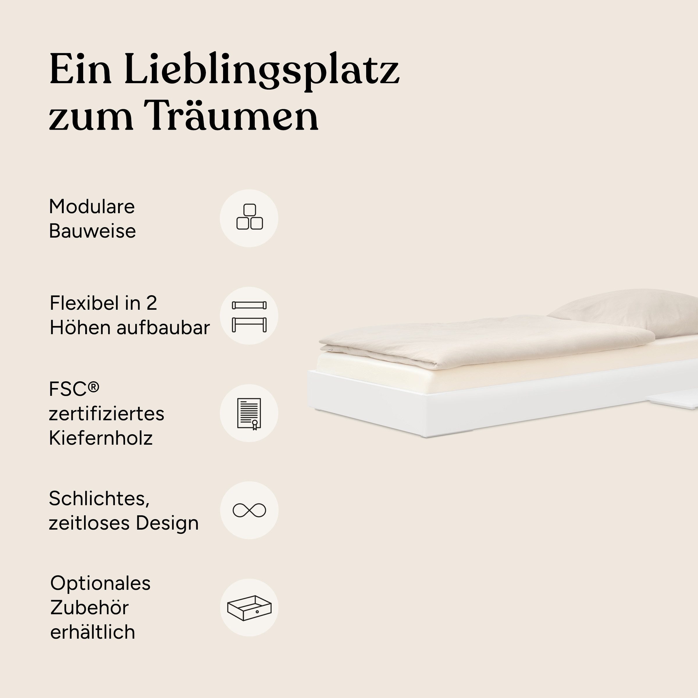 Ehrenkind Holzbett Plano, Modulares Familienbett, FSC® Zertifiziert (Einzelbett, 90x200 cm, Kiefernholz naturbelassen, 2‑in‑1 Höhe (Bodenbett oder Standard), Modular und Höhenverstellbar