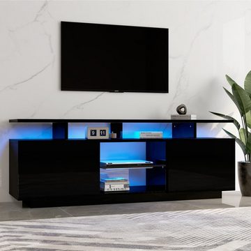 REDOM Lowboard TV-Schrank hochglanz, mit Glasfächern, Fernsehtisch, mit 16-farbiger LED-Beleuchtung