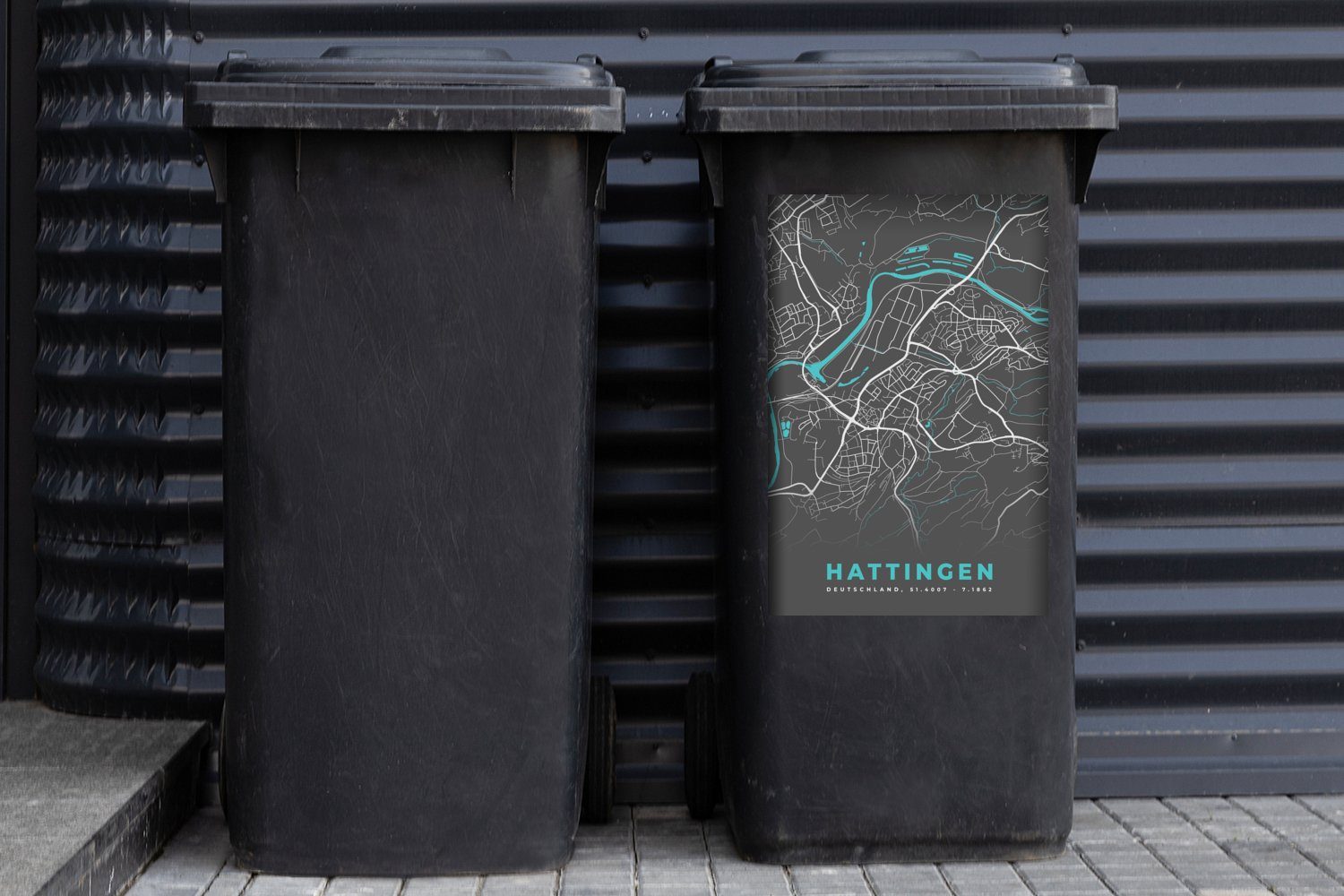 Container, Mülleimer-aufkleber, - MuchoWow Hattingen Wandsticker - Deutschland St), - Sticker, - Blau Stadtplan Mülltonne, (1 Abfalbehälter Karte