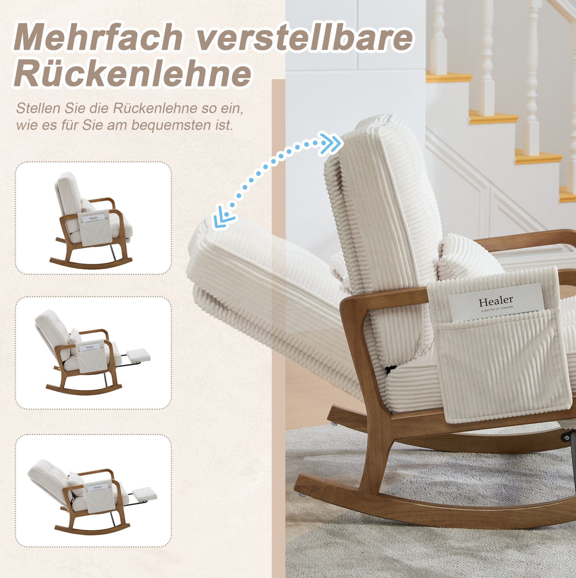 MODFU Loungesessel Ergonomischer Freizeitstuhl aus Cord mit Fußstütze (verstellbarer Schaukelstuhl und Baby-Sessel mit Lendenkissen), Schaukelstuhl Polstersessel