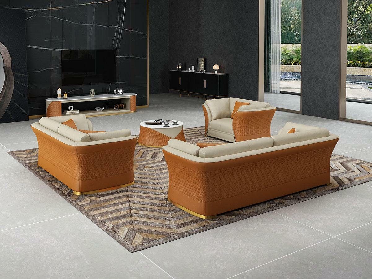 JVmoebel Wohnzimmer-Set Sofa Leder Polster Orange (6-St) Garnituren 6tlg. Couch Garnitur Tisch, Couchtisch