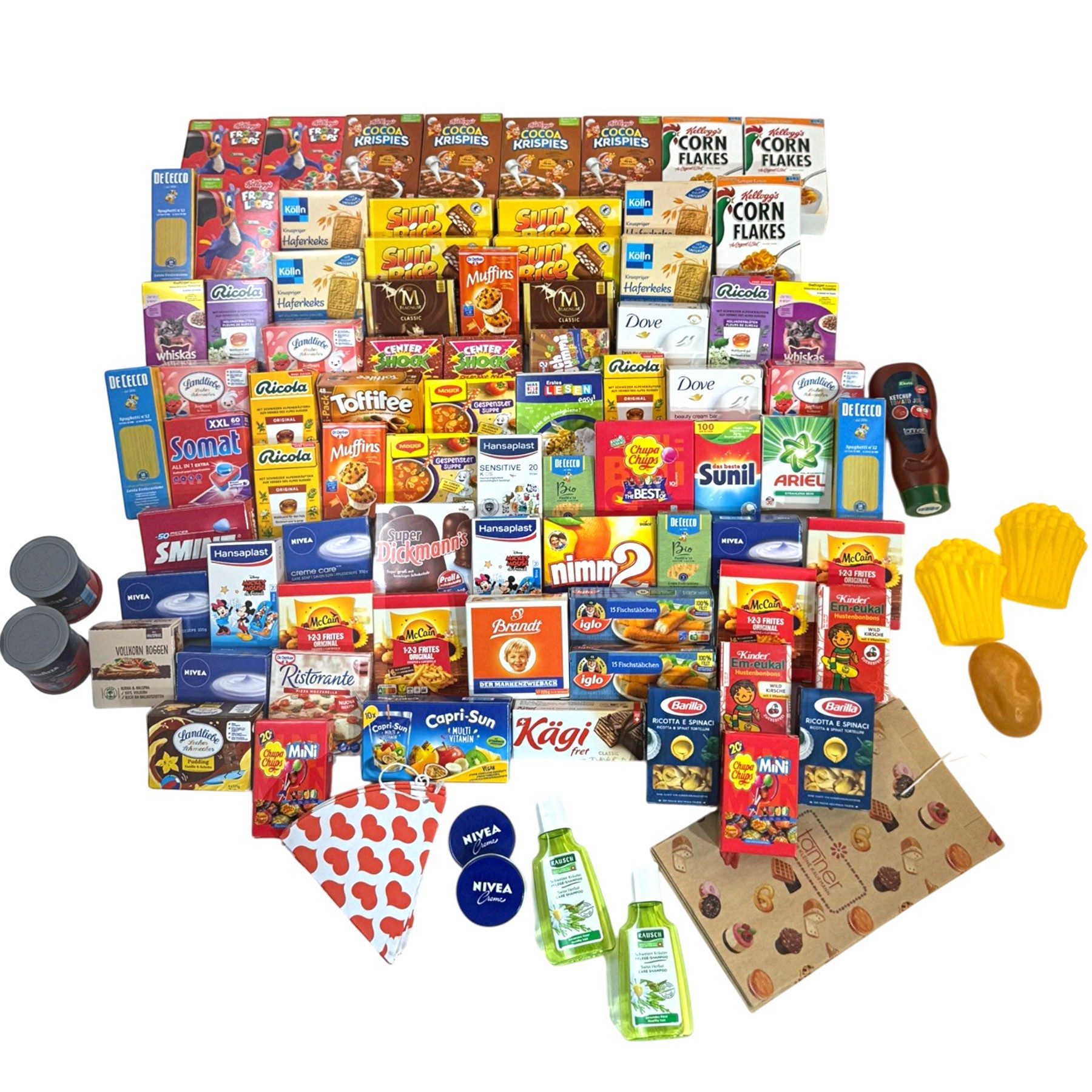 TikTakToo Kaufladensortiment Miniatur Faltschachteln für Kaufladen Zubehör, (Spielset, 95-tlg., Miniaturfaltschachteln), Lebensmittel, Flaschen, Dosen für Kaufmannsladen