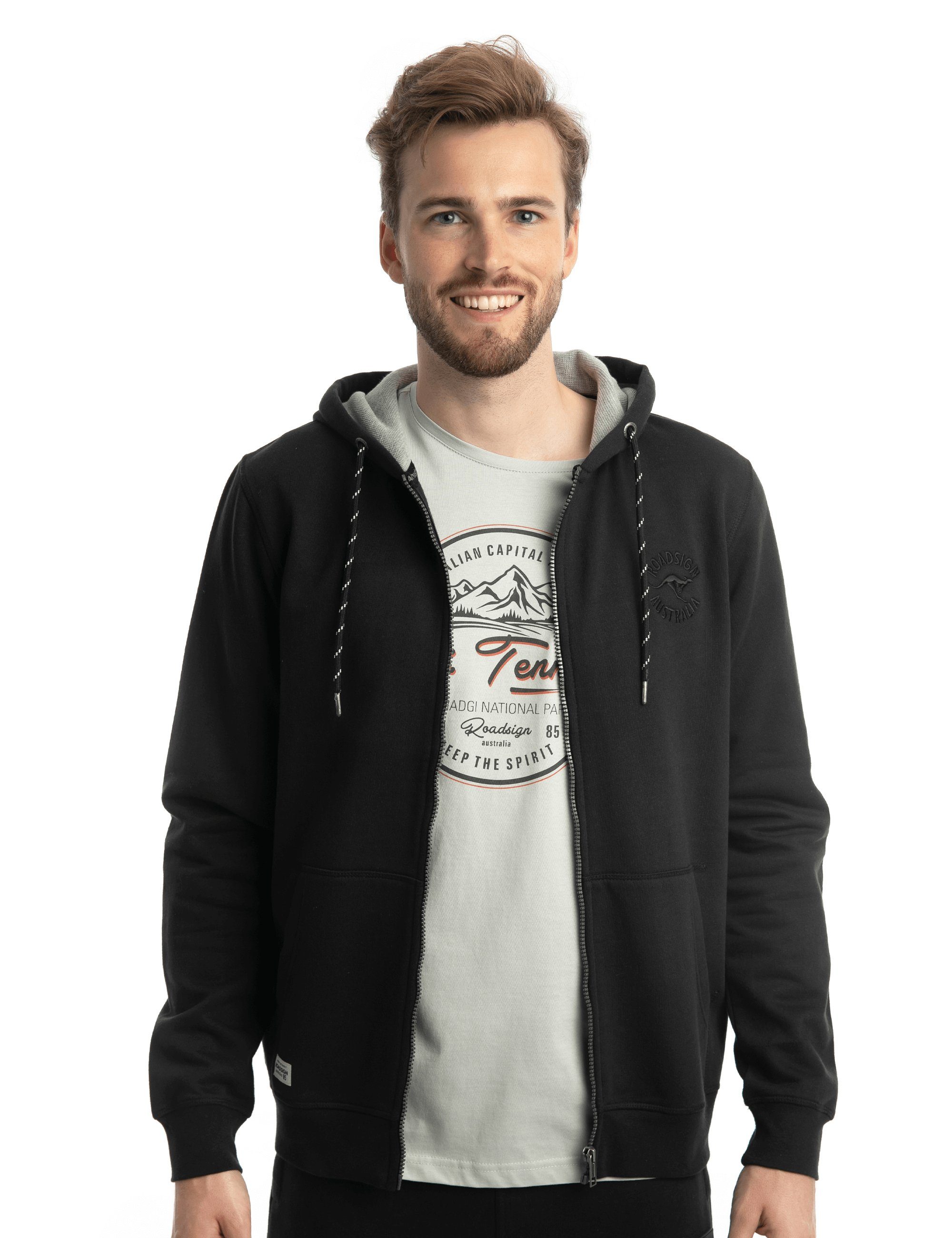 ROADSIGN australia Sweatjacke Bonzer (1-tlg) mit praktischem Reißverschluss und Kapuze, elastischen Bündchen Schwarz