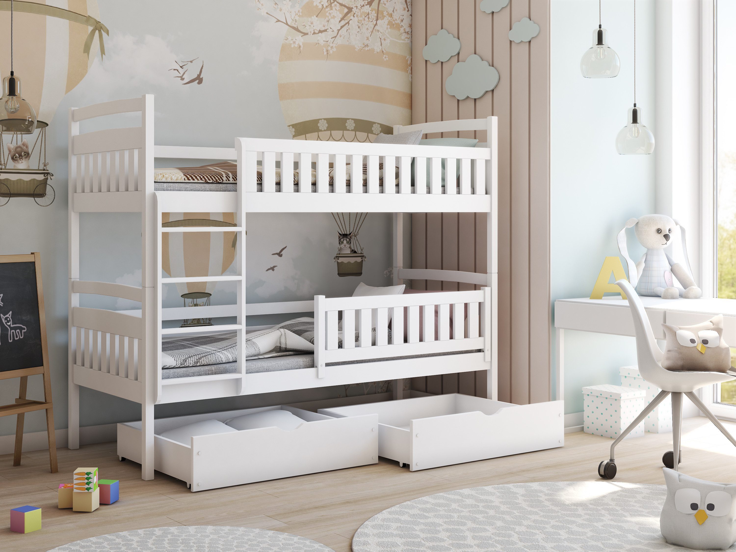 Kids Collective Etagenbett Hochbett Kinderbett 80x180 90x200 umbaubar in zwei Einzelbetten, 200x90 mit 2 Schubladen,Lattenrost, Rausfallschutz, 2 Matratzen, weiß