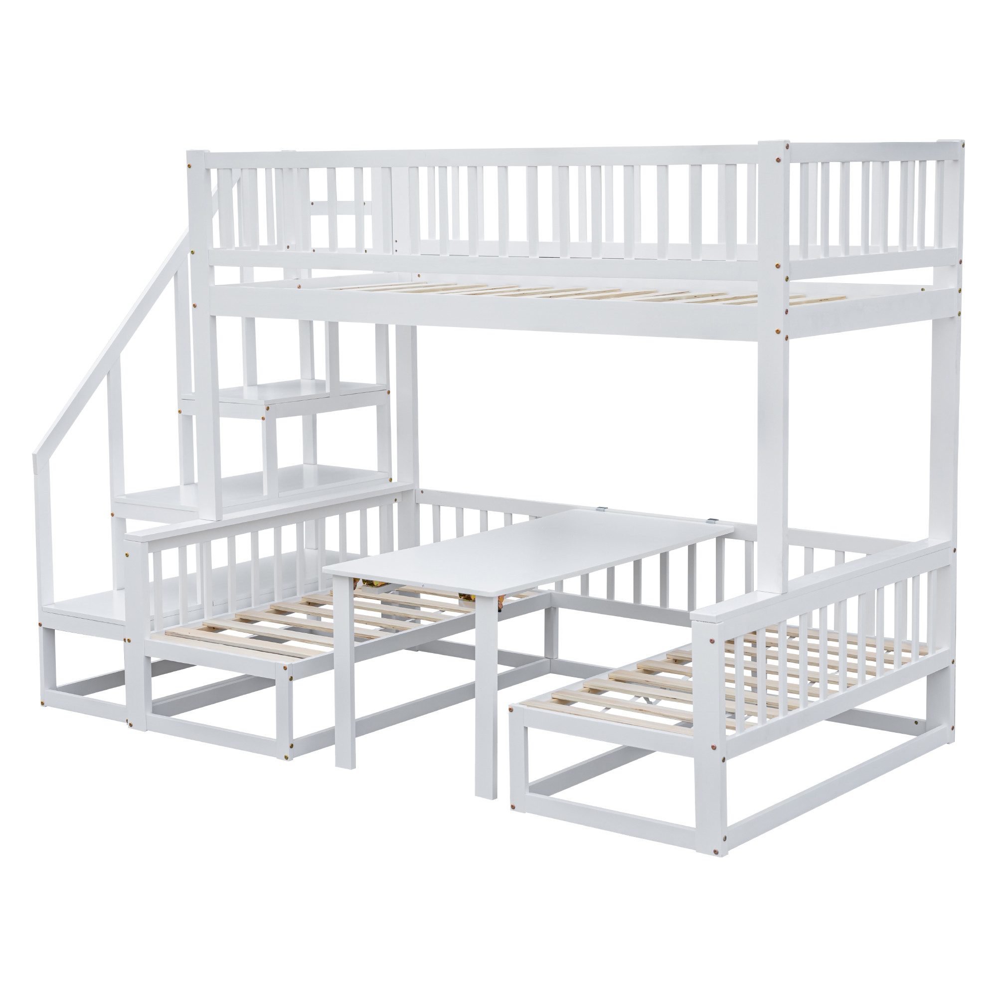 i@home Etagenbett, mit verstellbarem Tisch, Holzsofa und Treppe (1-Set), mit verstellbarem Tisch, mit Holzsofa, Weiß (90x200cm&120*200cm)