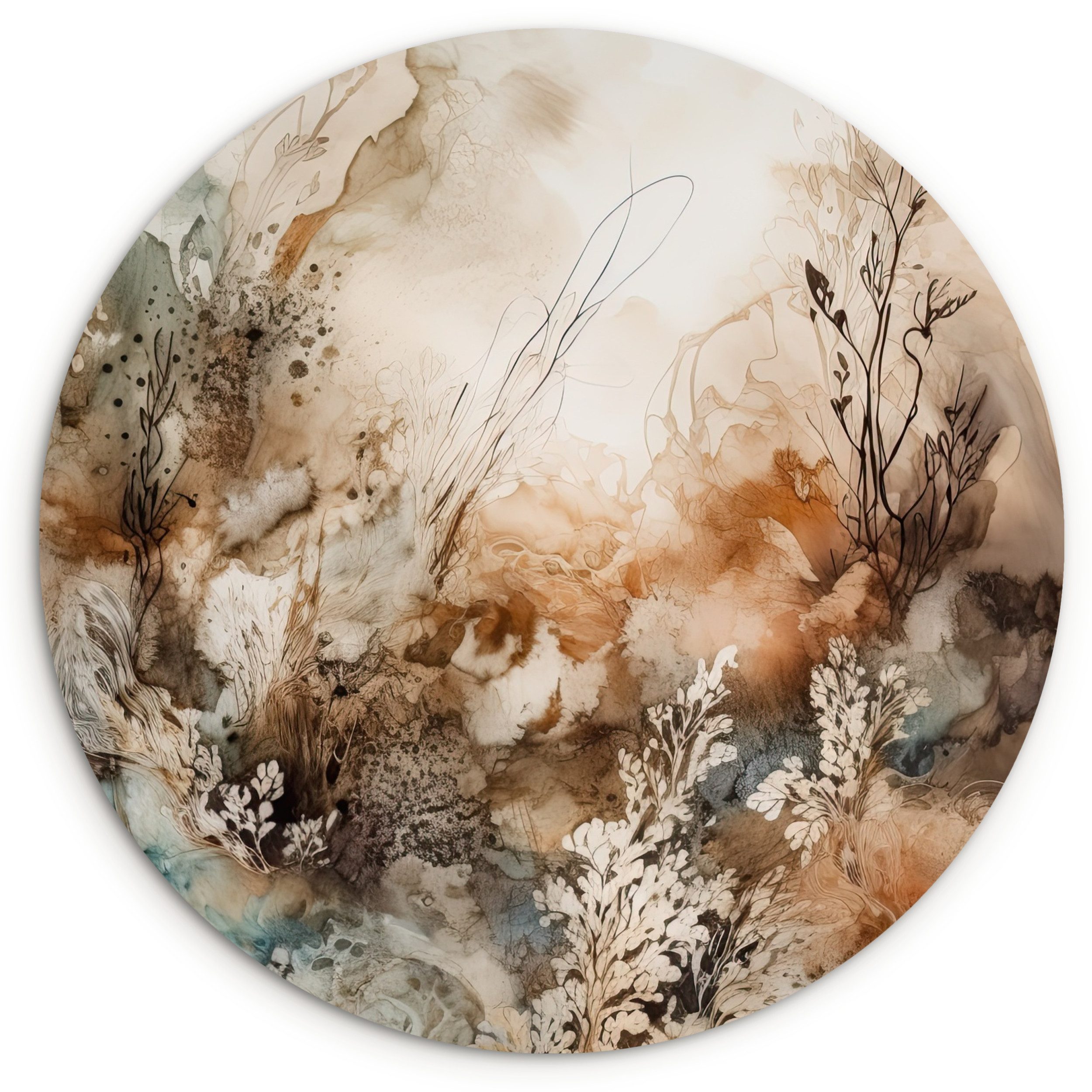 MuchoWow Gemälde Abstrakt - Beige - Farbe - Kunst - Natur - Blumen, Fotodruck (1 St), Kreis Wanddekoration, Rundes Wandbild, 30x30 cm