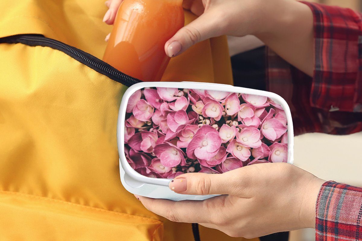 Kinder Jungs Nahaufnahme rosa Kunststoff, und weiß Brotbox Brotdose, Mädchen (2-tlg), für und Erwachsene, MuchoWow Lunchbox für Hortensien,