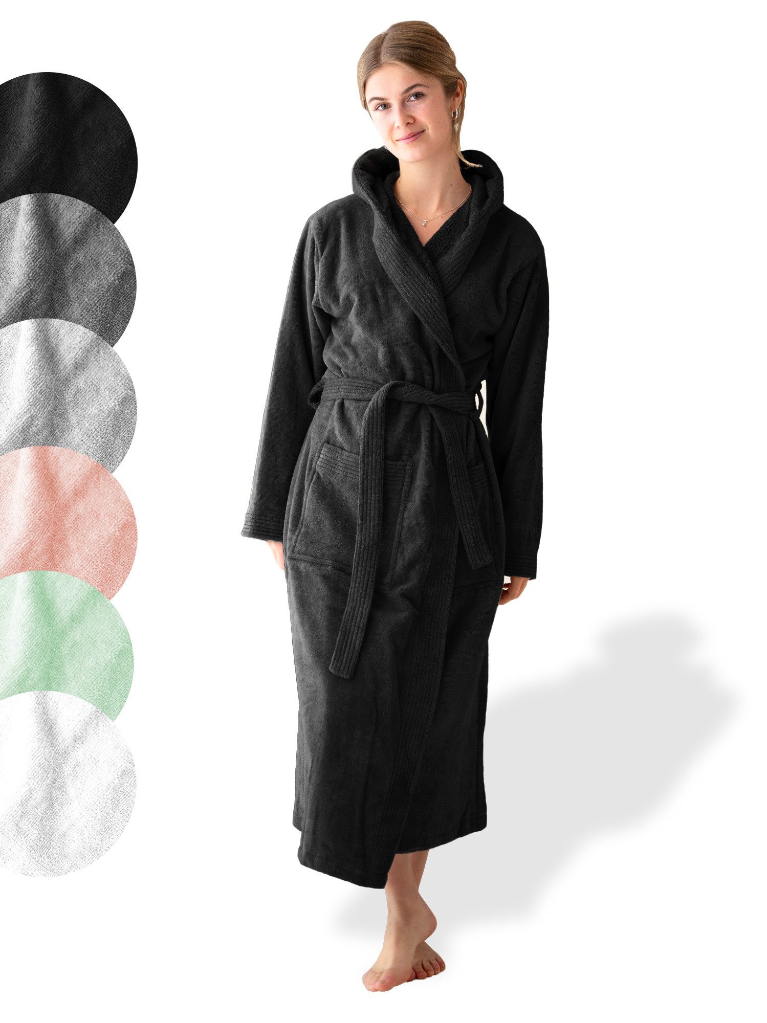 SIEGENTHAL Damenbademantel SIEGENTHAL® Damen Bademantel Frottee Velour Kapuze Flauschig Wadenlang, Kapuze, Gürtel, saugfähigem Frottee,Pflegeleicht und langlebig
