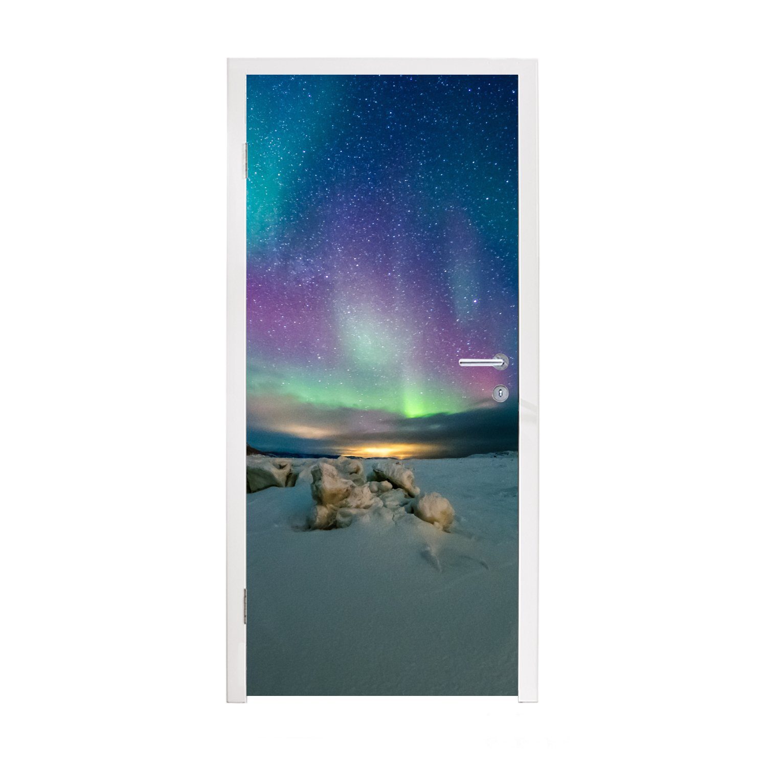 MuchoWow Türtapete Nordlichter Matt, für Türaufkleber, - (1 cm Fototapete - Farben, 75x205 St), Tür, bedruckt, Schnee