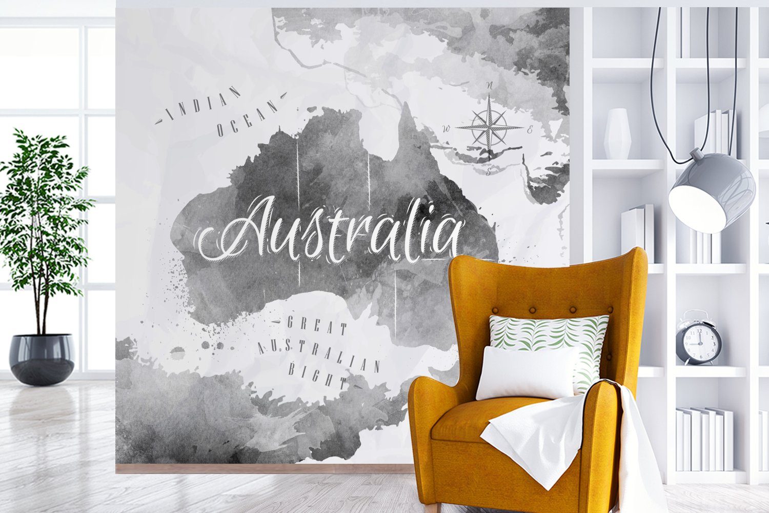 MuchoWow Fototapete Australien - Schlafzimmer Matt, Aquarell, Vliestapete - Weltkarte für Wohnzimmer bedruckt, Küche, Fototapete (4 St)