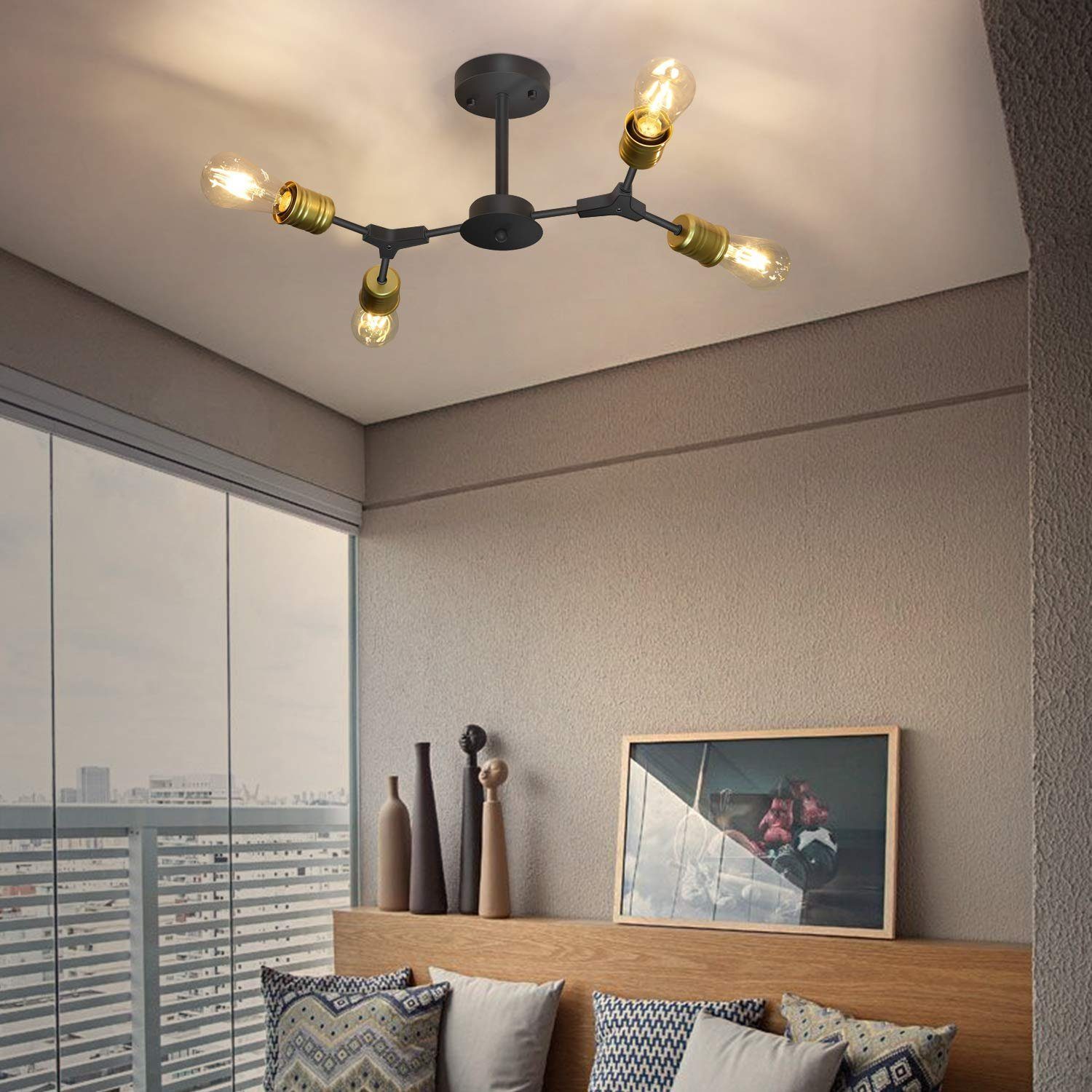 Flurlampe, 4 Wohnzimmerlampe Deckenleuchte ohne Vintage Leuchtmittel Flammig Schwarz ZMH