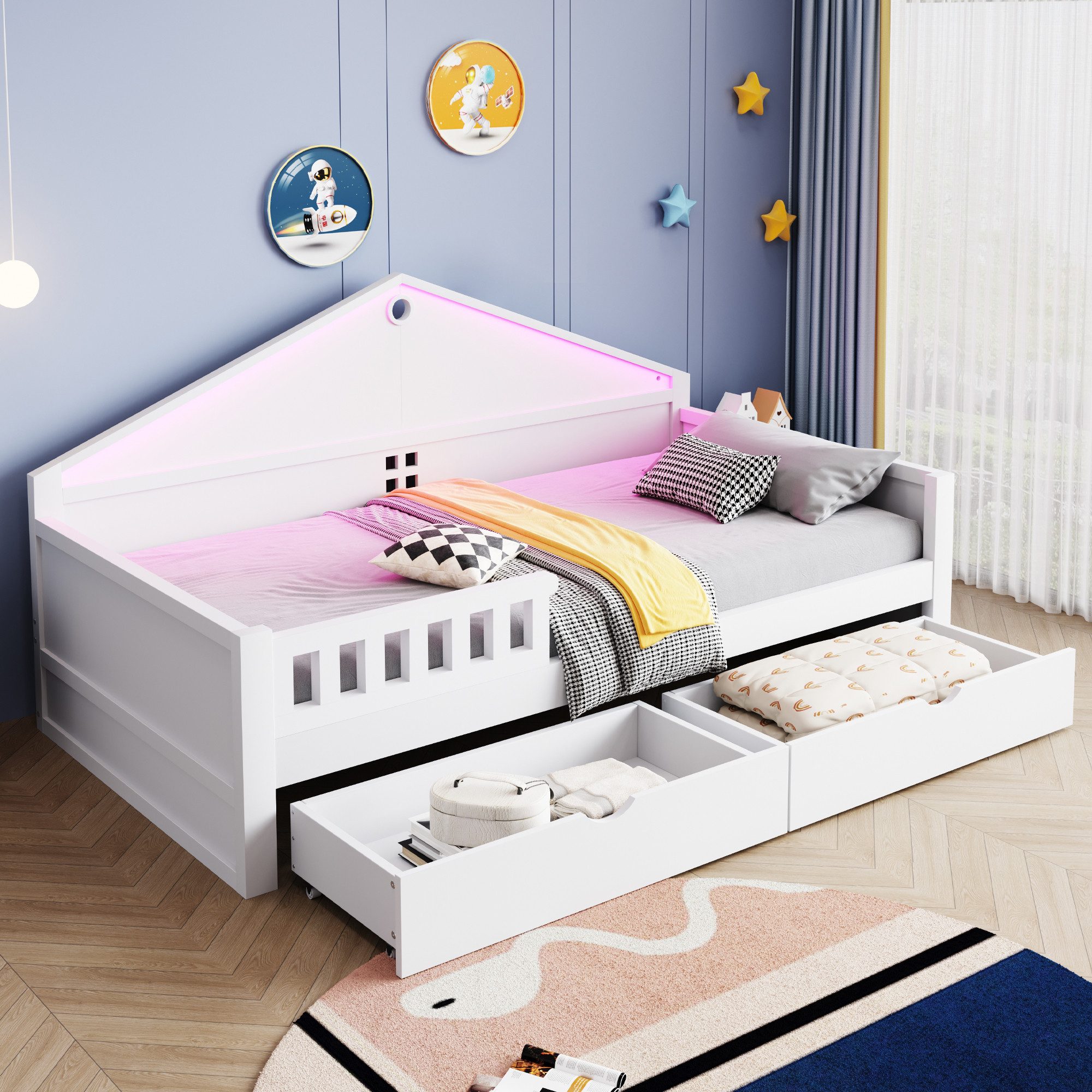 Merax Kinderbett 90×200cm mit LED-Lichtleiste (1-tlg), Jugendbett mit 2 Schubladen & Lattenrost, Kiefer Jugendbett Einzelbett
