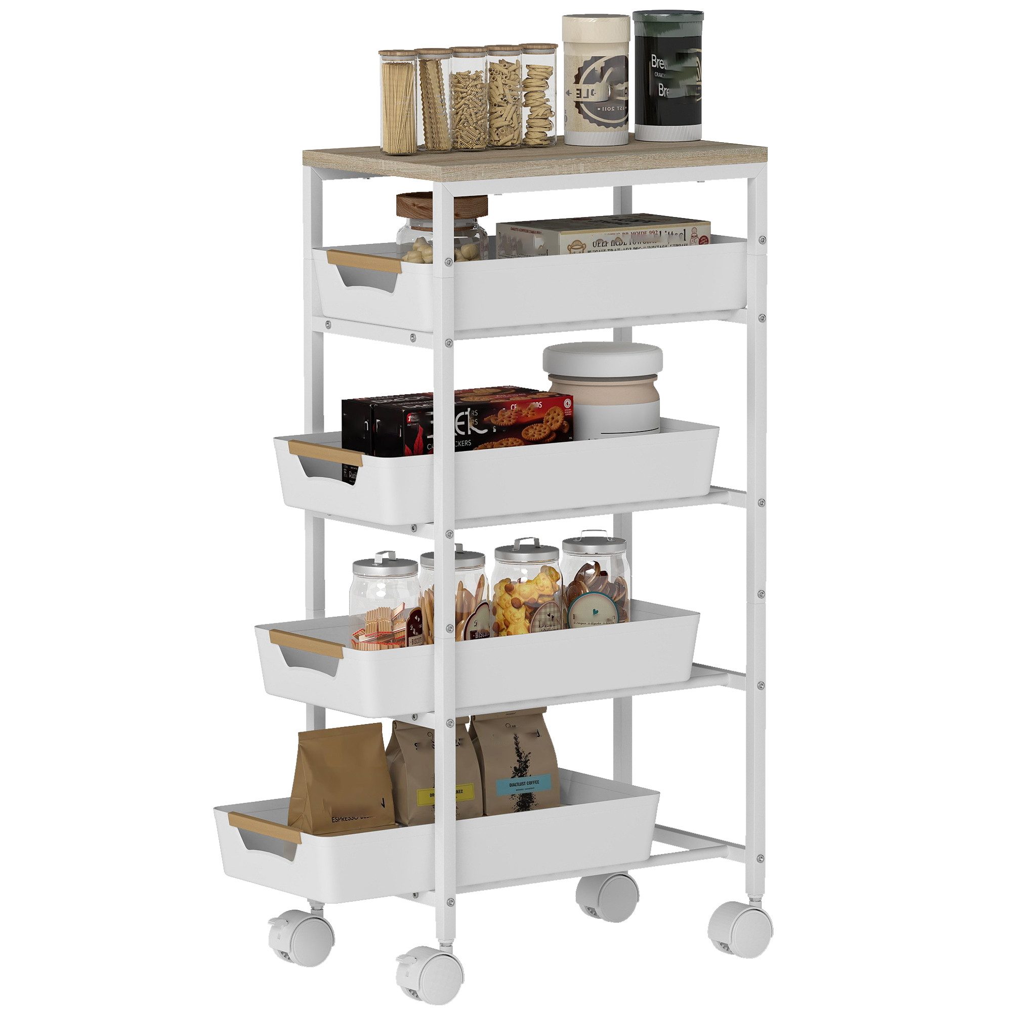HOMCOM Küchenwagen 5-stöckiger Aufbewahrungswagen auf Rädern, (Rollwagen mit 4 ausziehbaren Schubladen, 1 St., mobiles Küchenregal für Wohnzimmer, Küche), 39,5 x 24 x 82 cm, Weiß