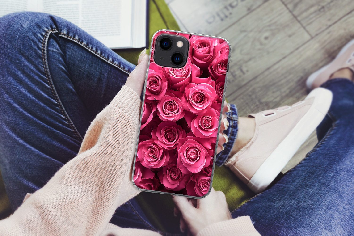 MuchoWow Handyhülle für Apple iPhone 13 Rosen - Rosa - Blume, Smartphone-Bumper, Print, Handy Schutzhülle Dünn